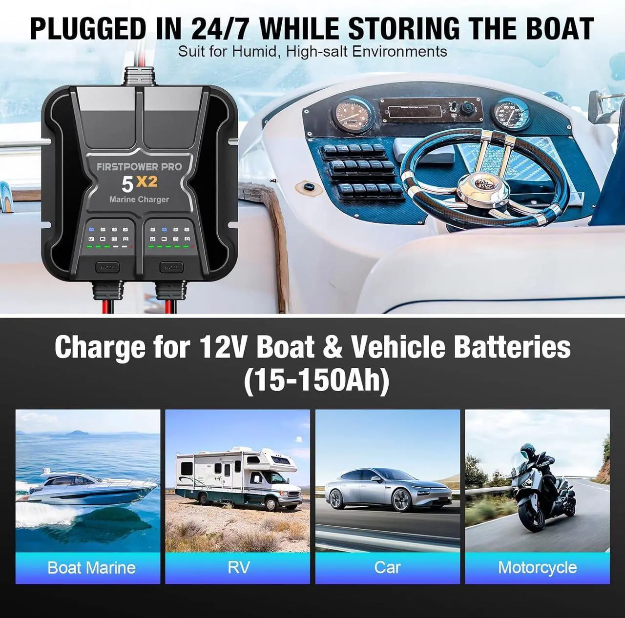 Alt view image 5 of 7 - 2 Bank Marine Battery Charger 5X2, 10A (5A/Bank) - 12V Waterproof Onboard Battery Charger, Battery Maintainer & Desulfator for SLA/AGM, Lithium (LiFePO4), Calcium & Deep-Cycle Battery- Charged 24/7
