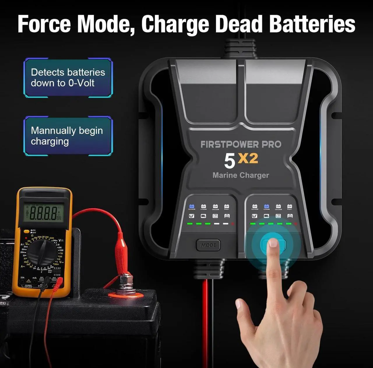 Alt view image 6 of 7 - 2 Bank Marine Battery Charger 5X2, 10A (5A/Bank) - 12V Waterproof Onboard Battery Charger, Battery Maintainer & Desulfator for SLA/AGM, Lithium (LiFePO4), Calcium & Deep-Cycle Battery- Charged 24/7