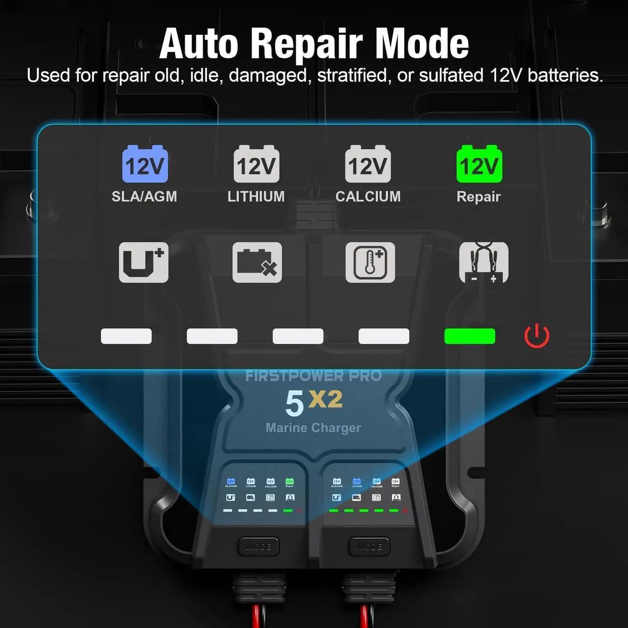 Alt view image 7 of 7 - 2 Bank Marine Battery Charger 5X2, 10A (5A/Bank) - 12V Waterproof Onboard Battery Charger, Battery Maintainer & Desulfator for SLA/AGM, Lithium (LiFePO4), Calcium & Deep-Cycle Battery- Charged 24/7