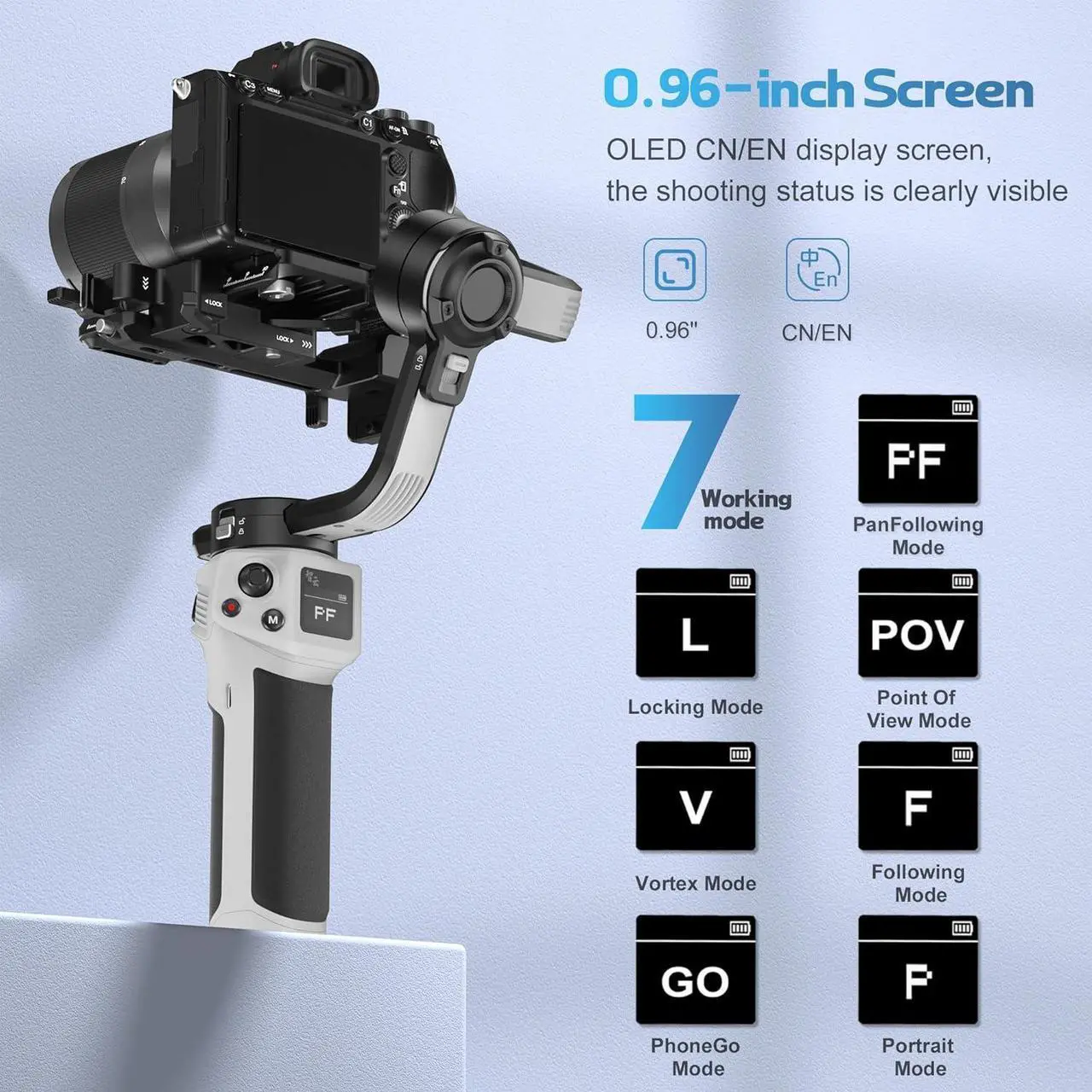 Alt view image 5 of 7 - 3E Mirrorless Gimbal Lightweight Stabilizer, Up to 3kg/6.6lbs Payload, 3-Axis Camera Gimbal for Canon//Panasonic/Nikon, Bluetooth Shutter Control, Native Vertical Shooting
