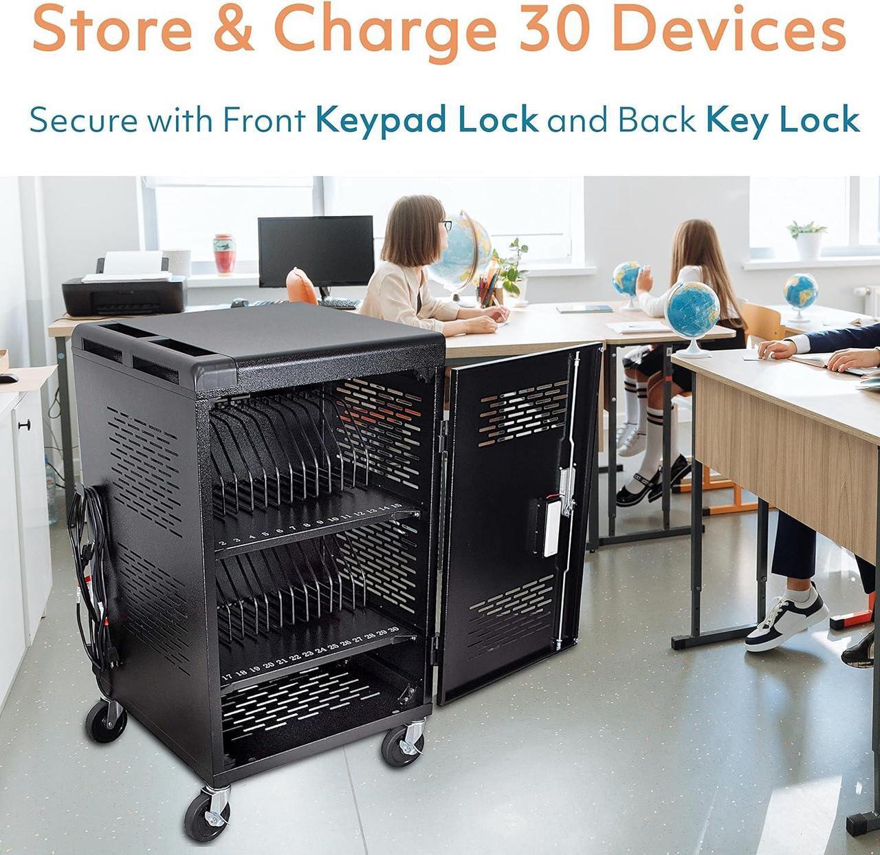 Alt view image 2 of 7 - 30 Bay Charging Cart for Tablets, Laptop, and Chromebook, Classroom Charging Station with Keypad Lock and Charger Storage, Laptop Locking Station for School, Classroom, Library, Office and More(Black)