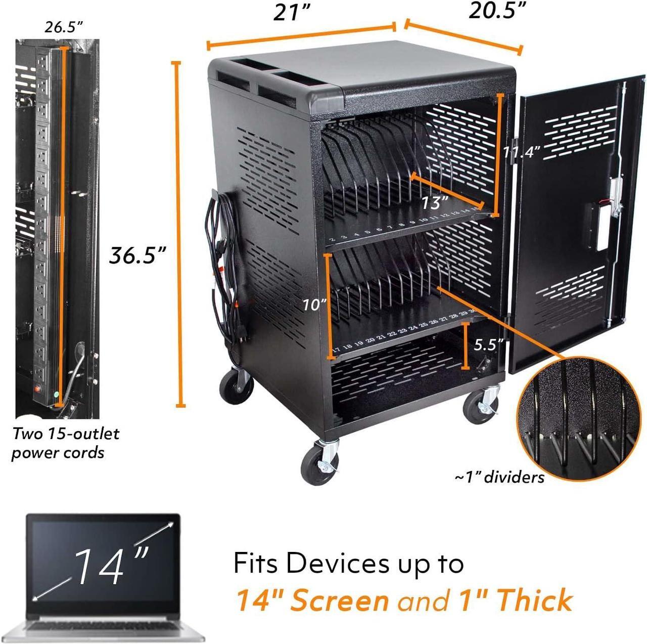 Alt view image 3 of 7 - 30 Bay Charging Cart for Tablets, Laptop, and Chromebook, Classroom Charging Station with Keypad Lock and Charger Storage, Laptop Locking Station for School, Classroom, Library, Office and More(Black)