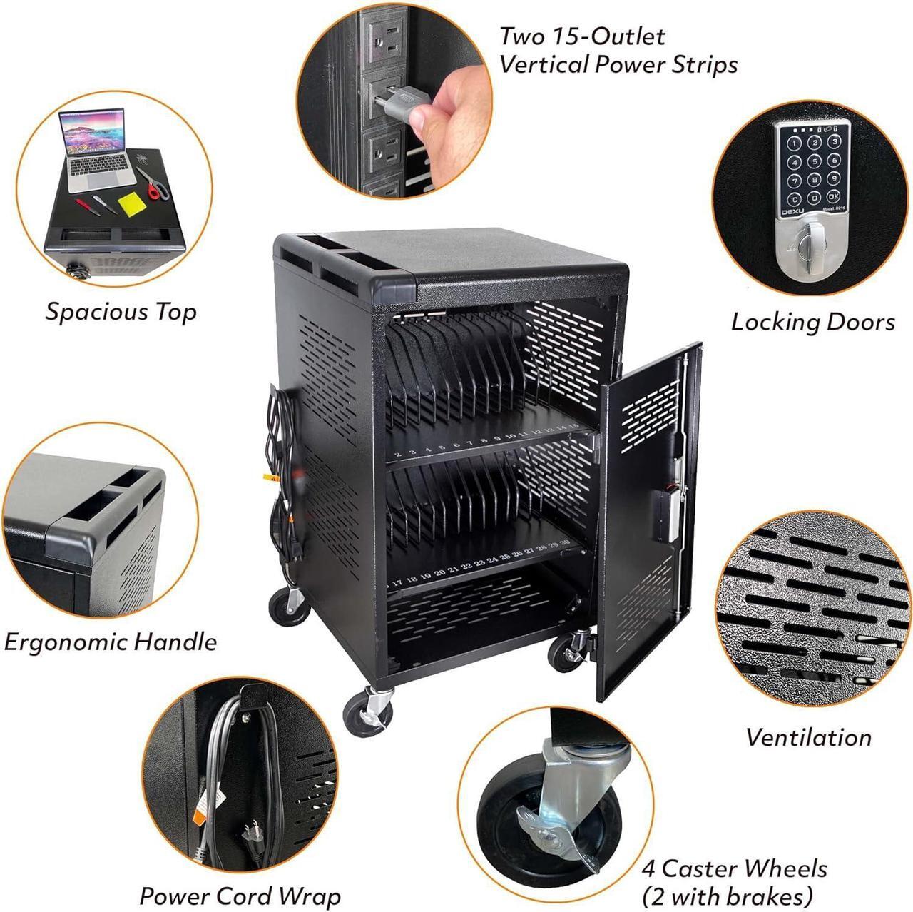 Alt view image 4 of 7 - 30 Bay Charging Cart for Tablets, Laptop, and Chromebook, Classroom Charging Station with Keypad Lock and Charger Storage, Laptop Locking Station for School, Classroom, Library, Office and More(Black)
