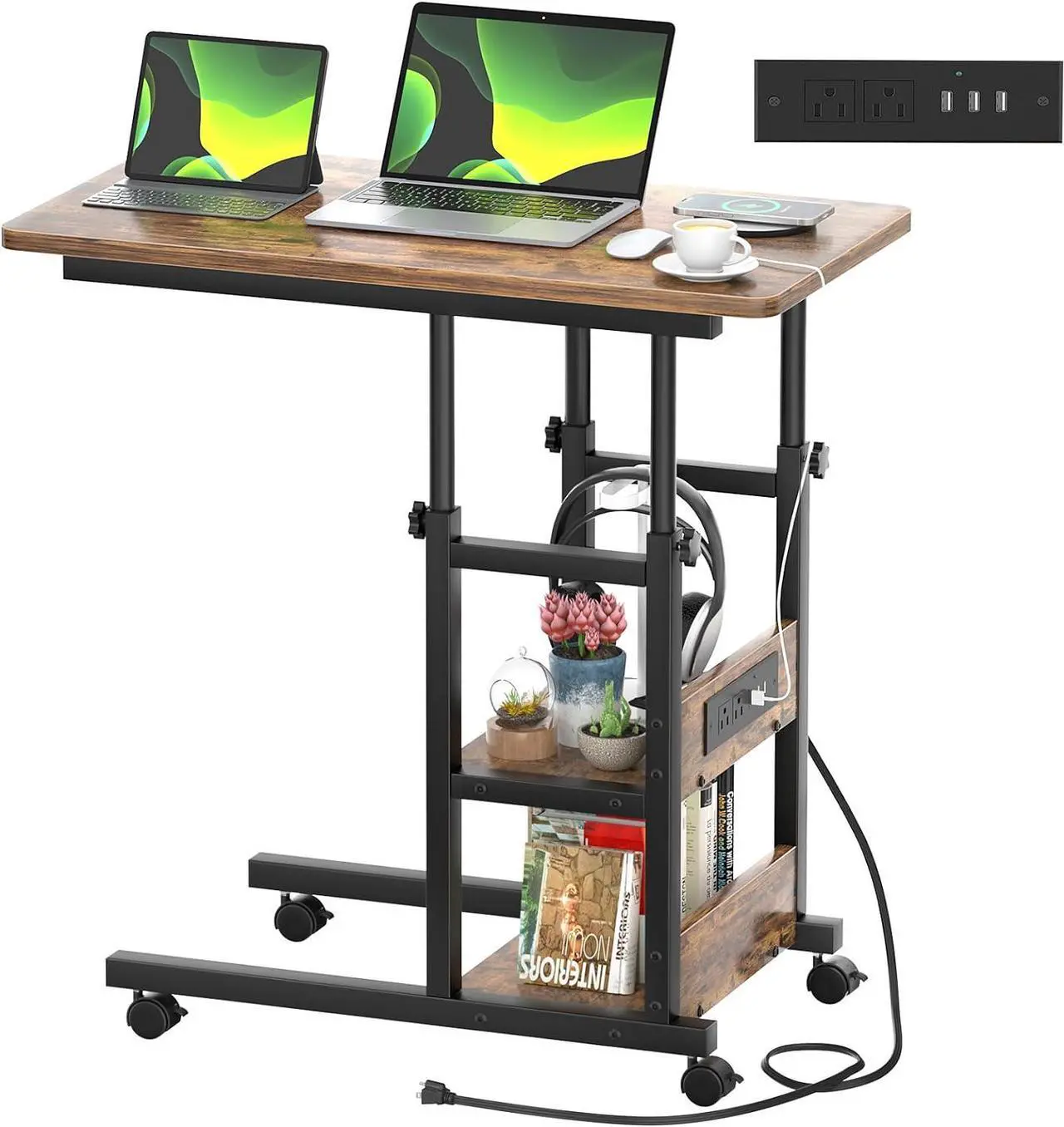 Main image of Height Adjustable C Shaped End Table with Charging Station, Mobile Laptop Side Table with USB Port and Wheels, Sofa Couch Table with 2-Tier Storage Shelve for Living Room Bedroom, Rustic Brown