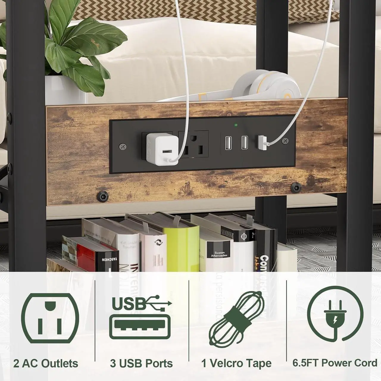 Alt view image 4 of 7 - Height Adjustable C Shaped End Table with Charging Station, Mobile Laptop Side Table with USB Port and Wheels, Sofa Couch Table with 2-Tier Storage Shelve for Living Room Bedroom, Rustic Brown