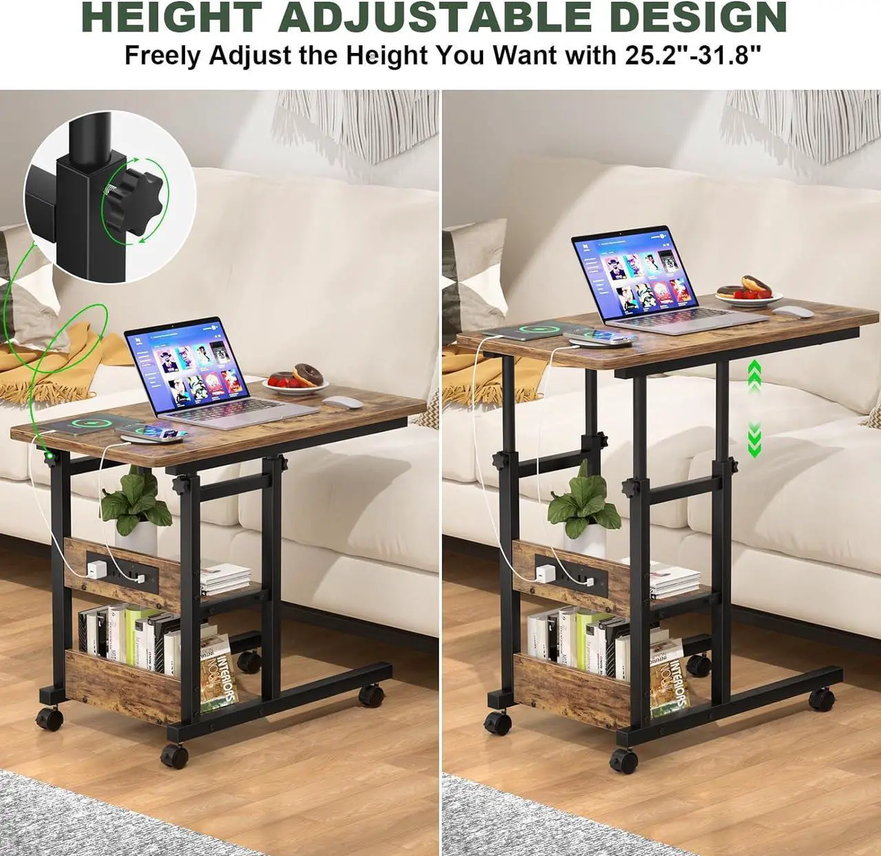 Alt view image 6 of 7 - Height Adjustable C Shaped End Table with Charging Station, Mobile Laptop Side Table with USB Port and Wheels, Sofa Couch Table with 2-Tier Storage Shelve for Living Room Bedroom, Rustic Brown