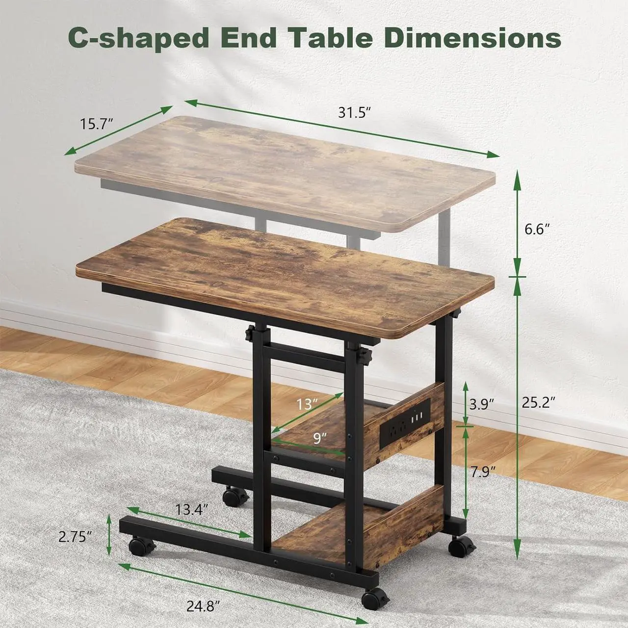 Alt view image 3 of 7 - Height Adjustable C Shaped End Table with Charging Station, Mobile Laptop Side Table with USB Port and Wheels, Sofa Couch Table with 2-Tier Storage Shelve for Living Room Bedroom, Rustic Brown