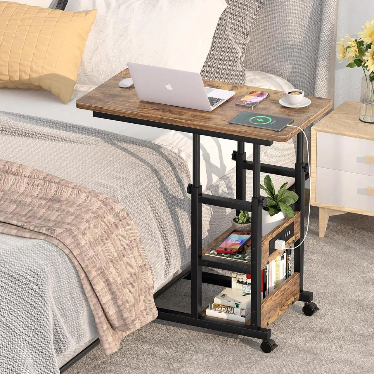 Alt view image 2 of 7 - Height Adjustable C Shaped End Table with Charging Station, Mobile Laptop Side Table with USB Port and Wheels, Sofa Couch Table with 2-Tier Storage Shelve for Living Room Bedroom, Rustic Brown