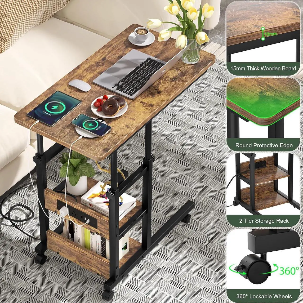 Alt view image 5 of 7 - Height Adjustable C Shaped End Table with Charging Station, Mobile Laptop Side Table with USB Port and Wheels, Sofa Couch Table with 2-Tier Storage Shelve for Living Room Bedroom, Rustic Brown