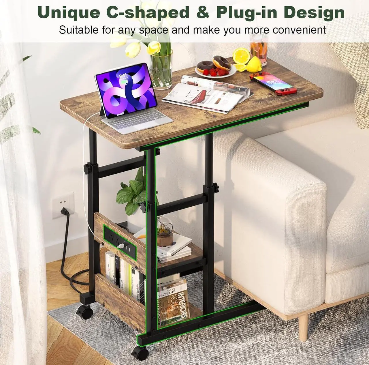 Alt view image 7 of 7 - Height Adjustable C Shaped End Table with Charging Station, Mobile Laptop Side Table with USB Port and Wheels, Sofa Couch Table with 2-Tier Storage Shelve for Living Room Bedroom, Rustic Brown