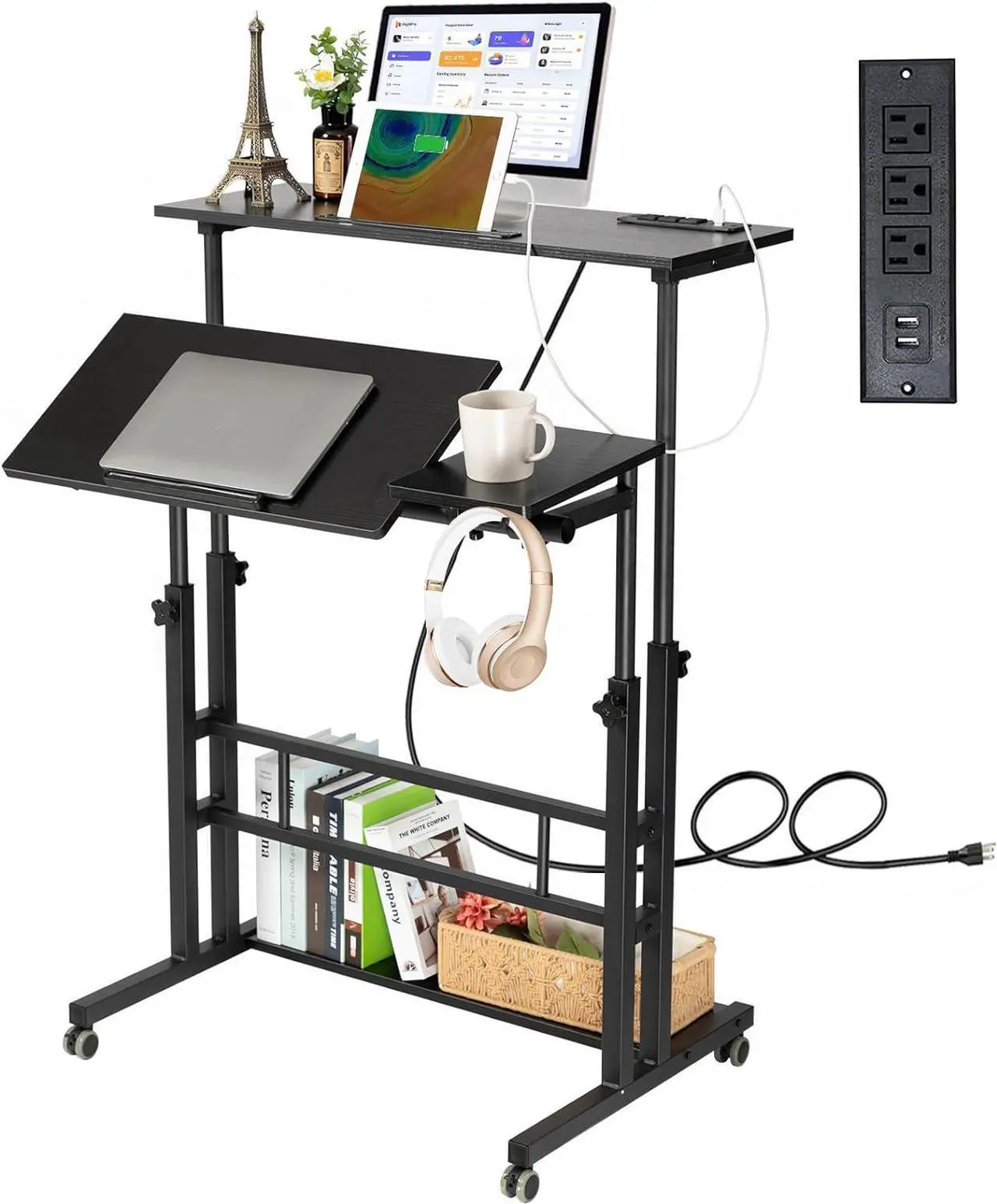 Main image of Stand Up Desk, Rolling Desk Adjustable Height, Mobile Standing Desk with Wheels & Charging Station, Portable Desk for Laptop, Rolling Computer Cart TV Tray, Small Standing Desk Drawing Desk