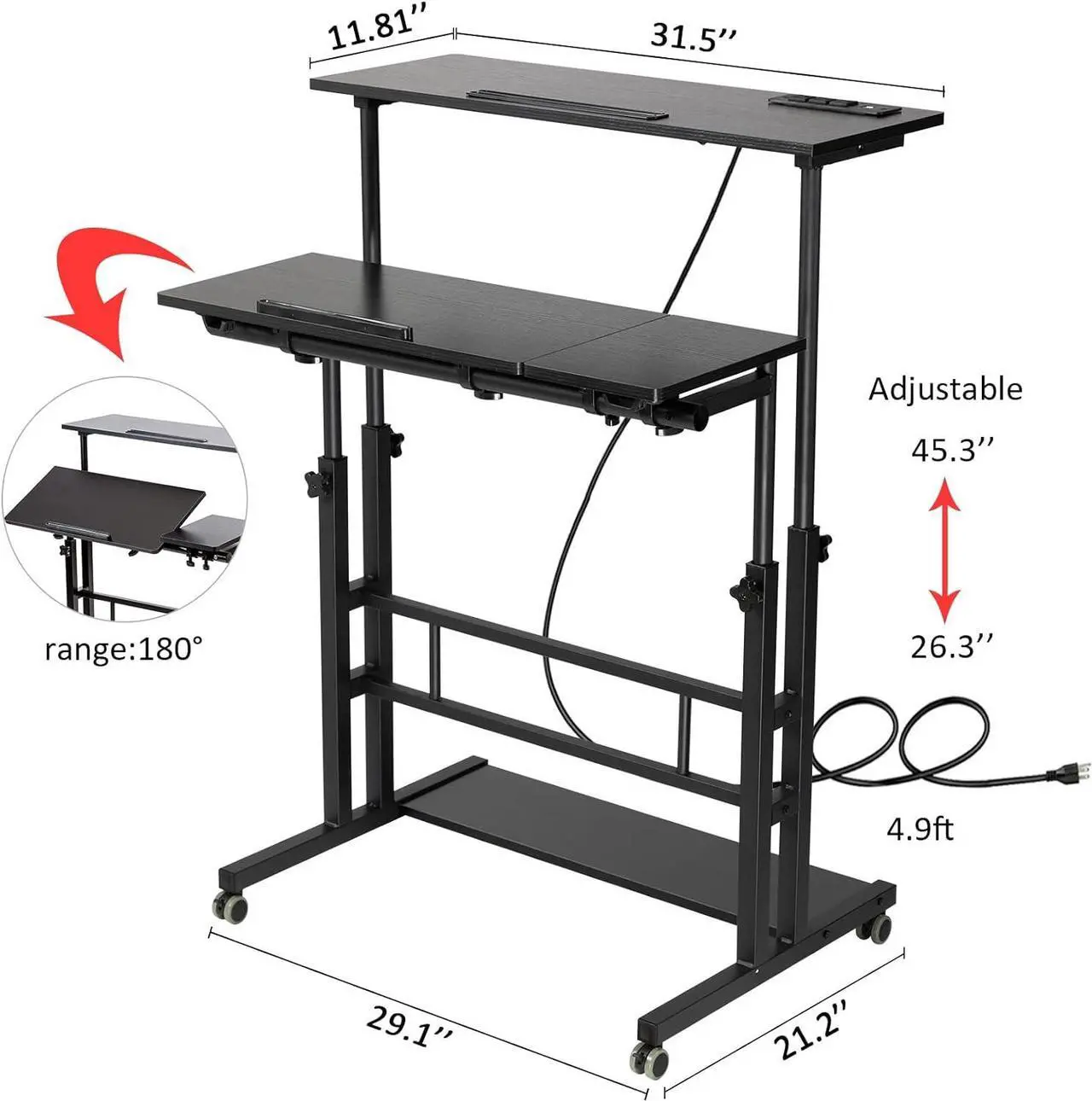 Alt view image 2 of 7 - Stand Up Desk, Rolling Desk Adjustable Height, Mobile Standing Desk with Wheels & Charging Station, Portable Desk for Laptop, Rolling Computer Cart TV Tray, Small Standing Desk Drawing Desk