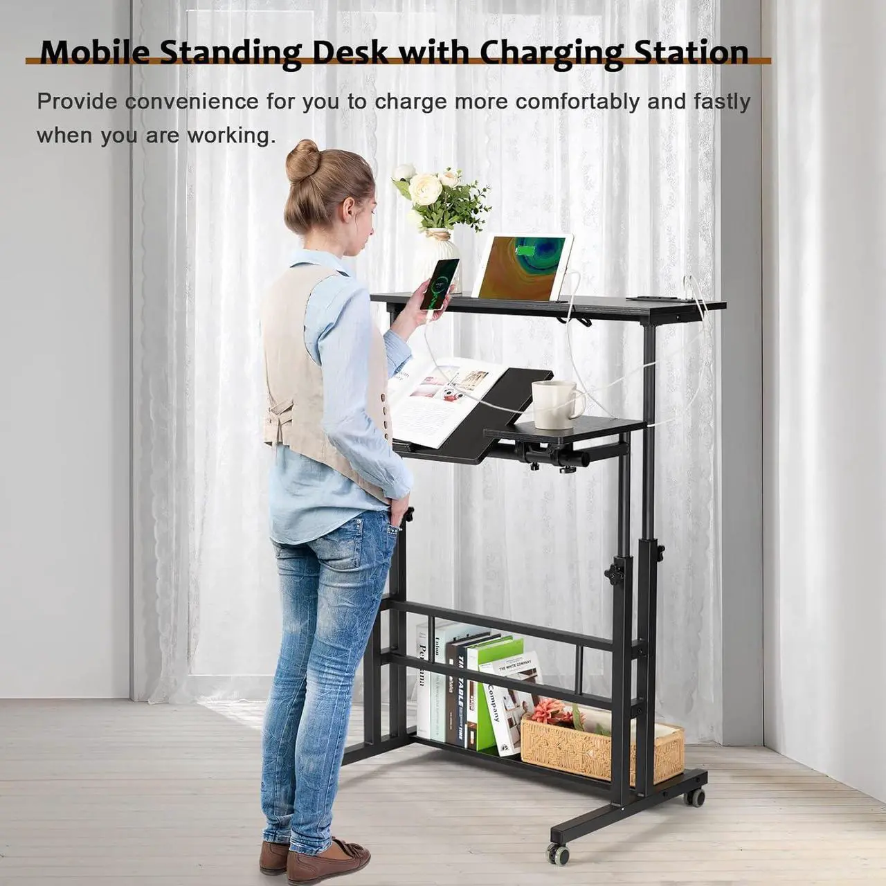 Alt view image 3 of 7 - Stand Up Desk, Rolling Desk Adjustable Height, Mobile Standing Desk with Wheels & Charging Station, Portable Desk for Laptop, Rolling Computer Cart TV Tray, Small Standing Desk Drawing Desk