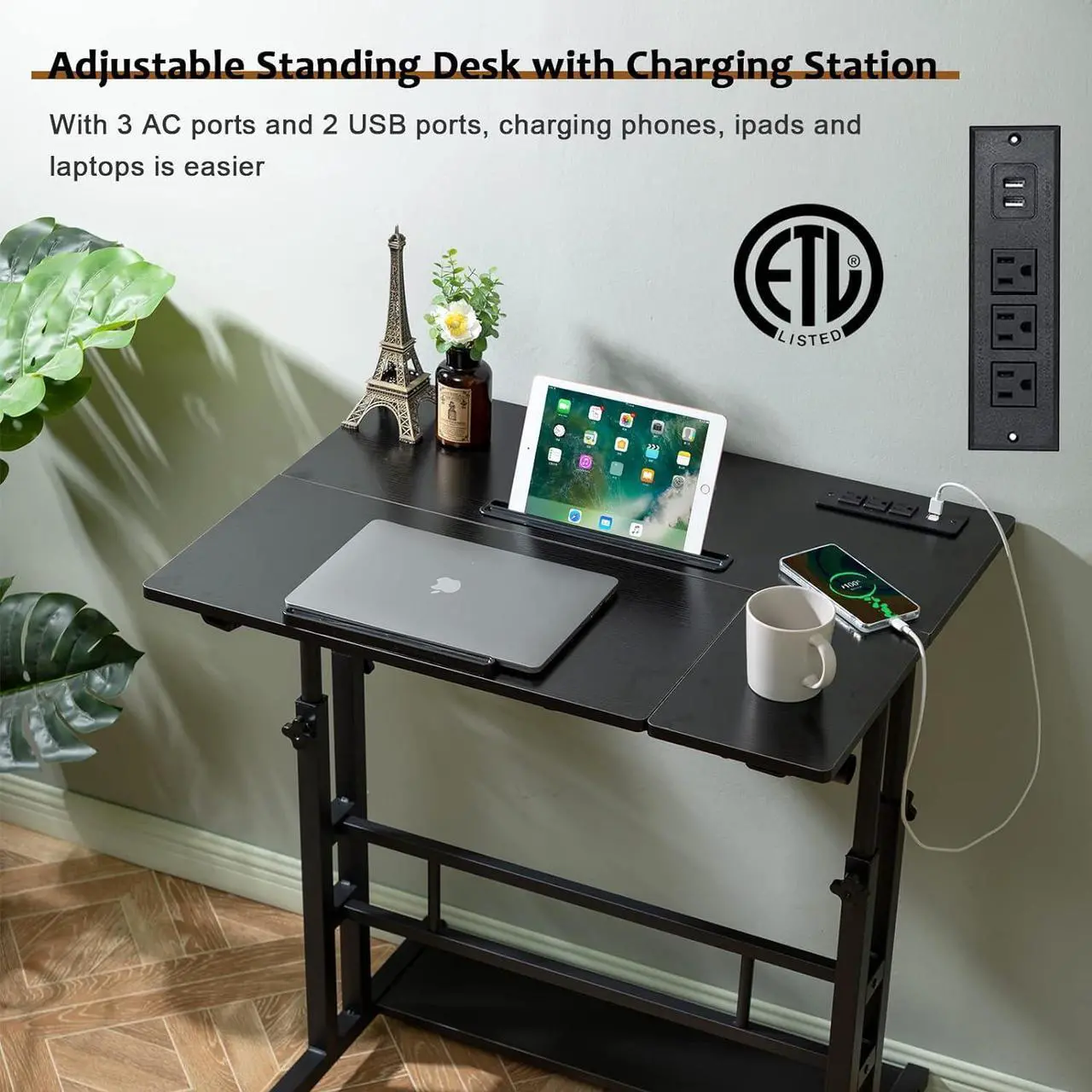 Alt view image 4 of 7 - Stand Up Desk, Rolling Desk Adjustable Height, Mobile Standing Desk with Wheels & Charging Station, Portable Desk for Laptop, Rolling Computer Cart TV Tray, Small Standing Desk Drawing Desk