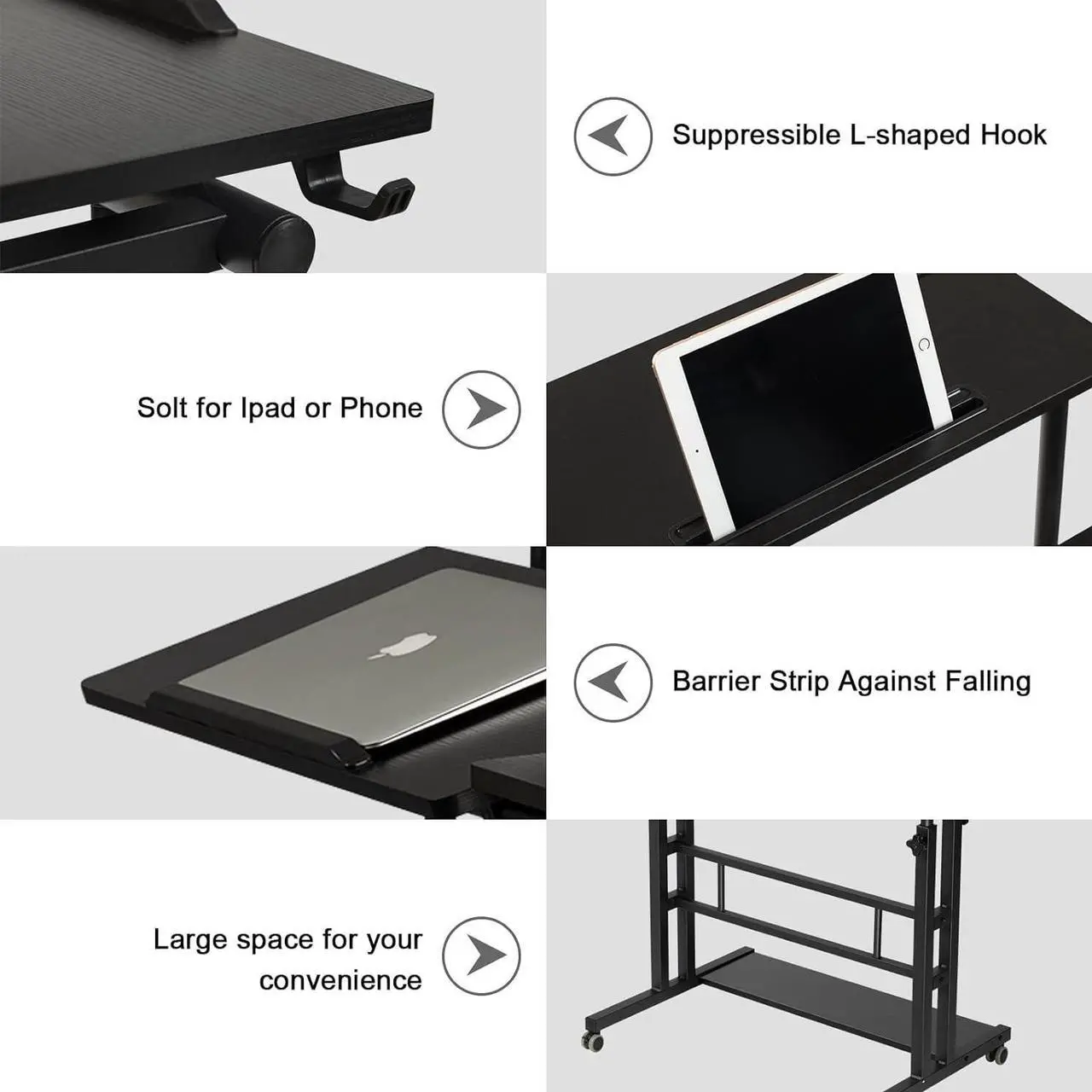 Alt view image 7 of 7 - Stand Up Desk, Rolling Desk Adjustable Height, Mobile Standing Desk with Wheels & Charging Station, Portable Desk for Laptop, Rolling Computer Cart TV Tray, Small Standing Desk Drawing Desk