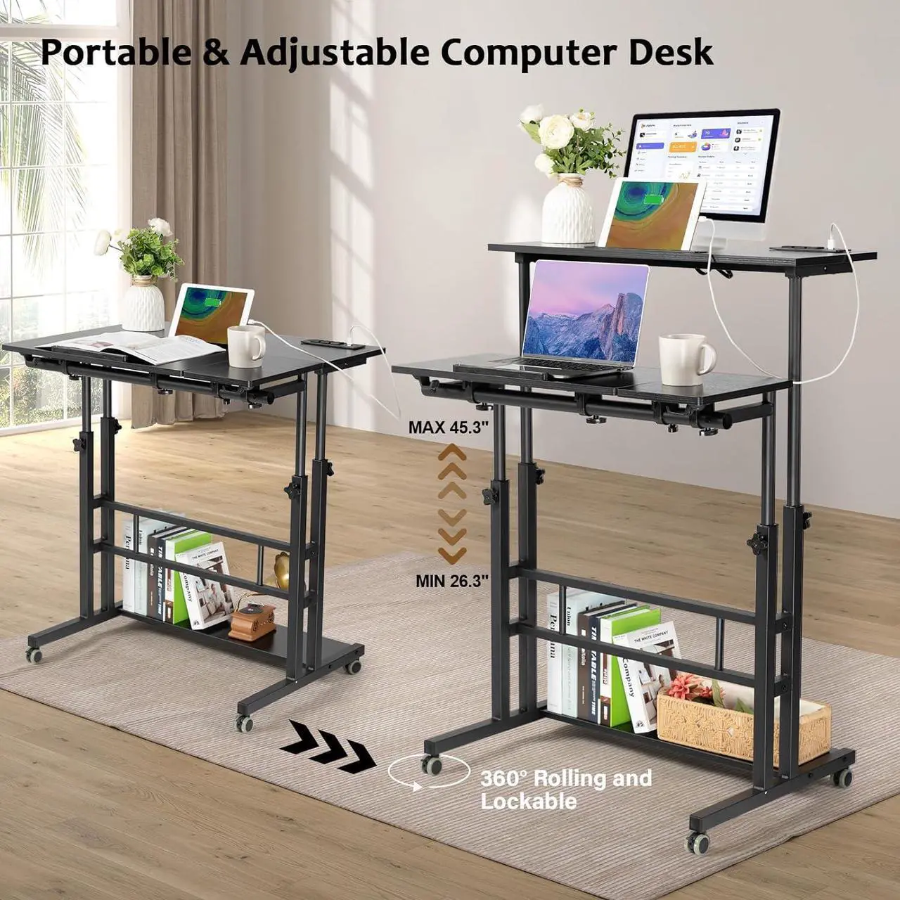 Alt view image 6 of 7 - Stand Up Desk, Rolling Desk Adjustable Height, Mobile Standing Desk with Wheels & Charging Station, Portable Desk for Laptop, Rolling Computer Cart TV Tray, Small Standing Desk Drawing Desk