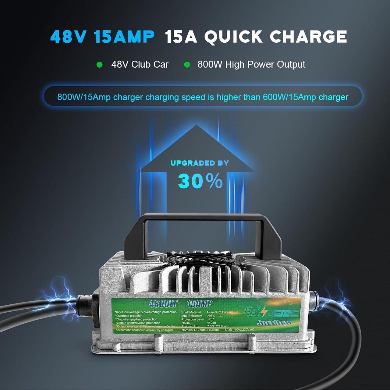 Alt view image 4 of 7 - E800W Seris 48V15A Golf cart Battery Charger with 3-pin Leaf Plug for 48V Yamaha Drive/G29 Golf carts