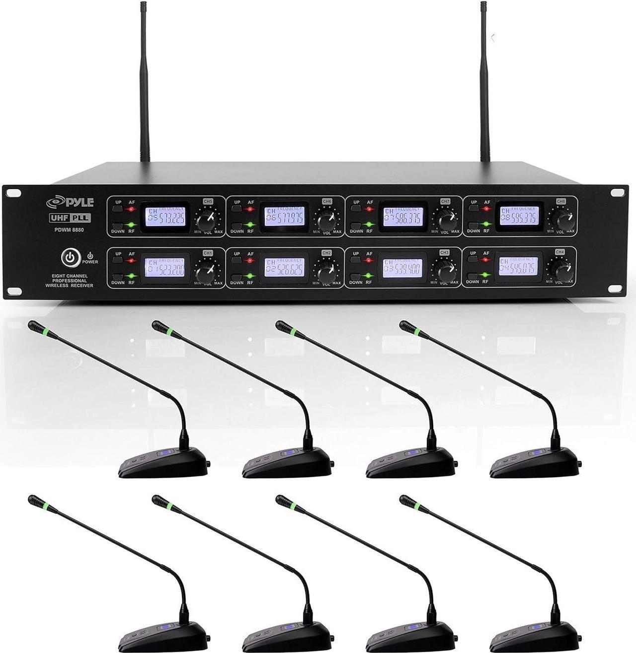 Main image of Pyle 8 Channel Conference Microphone System - UHF Desktop, Table Meeting Wireless Microphones & Receiver w/ 8 Gooseneck Mics, Rack Mountable & LED Audio Signal Indicator Lights PDWM8880,Black