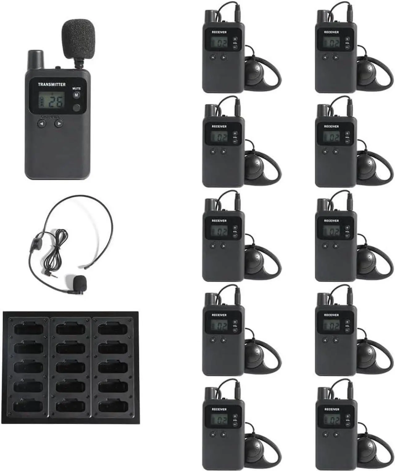Main image of AGJ Wireless Tour Guide System Rechargeable 1 Transmitter 10 Receivers 1 Charger Simultaneous Interpretation System Court Church Translation System for Training Factory Tour Group Teaching Conference