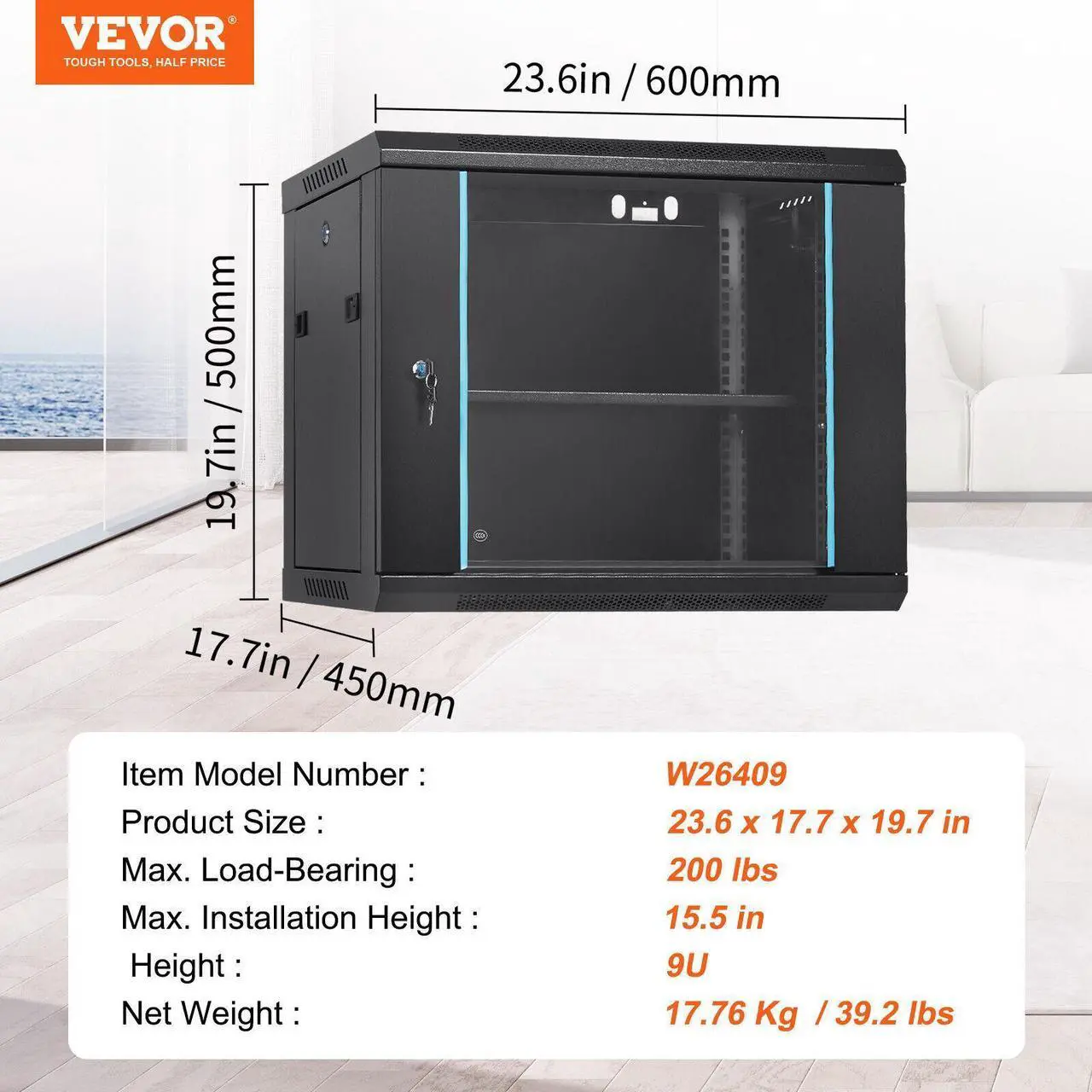 Alt view image 6 of 7 - 9U Wall Mount Network Server Rack Cabinet Enclosure 15.5'' Deep Door Lock