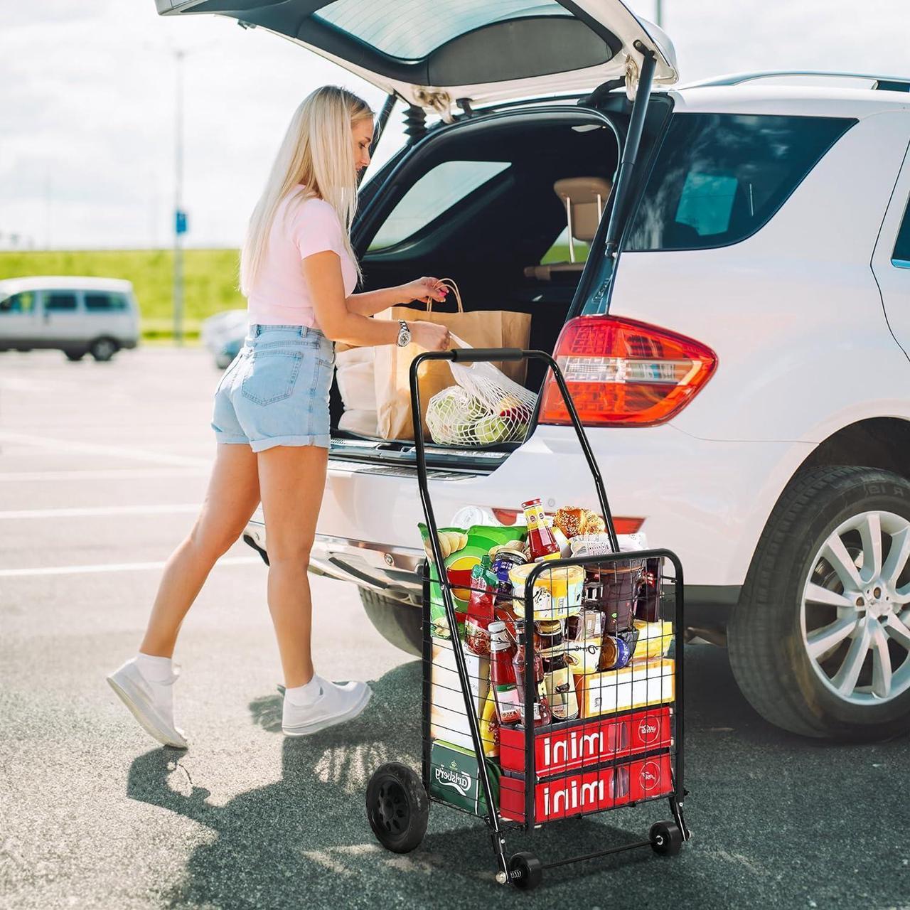 Alt view image 3 of 7 - Folding Shopping Cart with Wheels, Rolling Foldable Grocery Cart for Seniors, Portable Collapsible Utility Cart for Shopping Groceries Laundry Storage Organizer