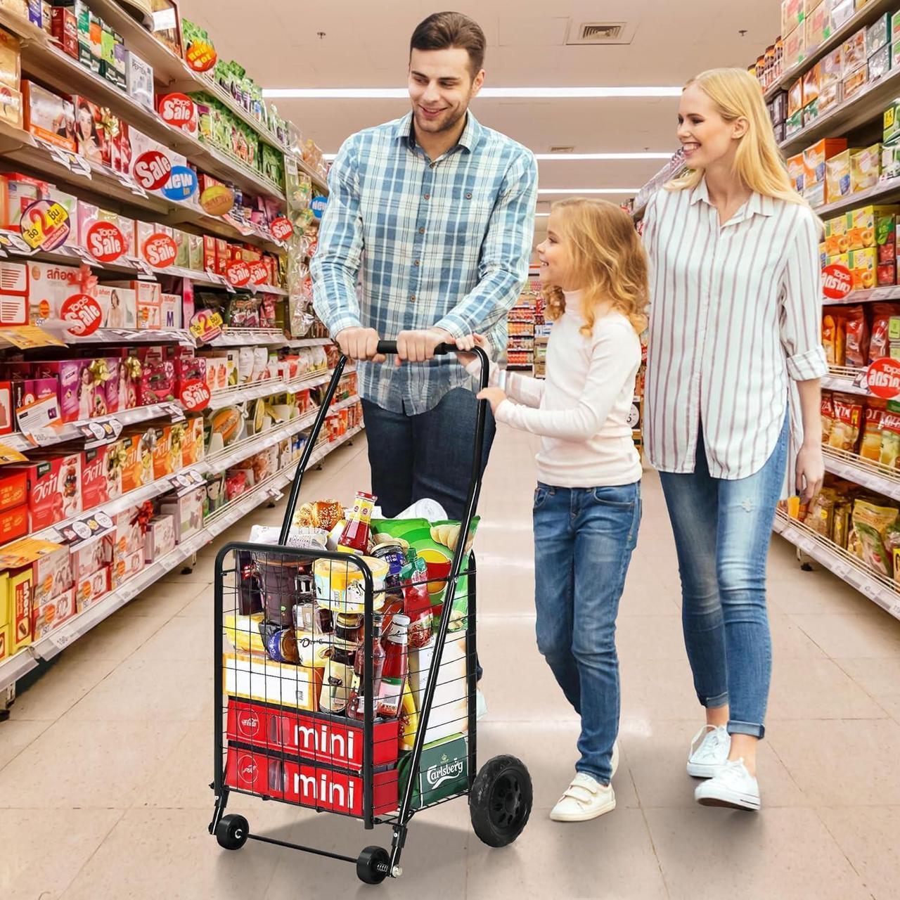 Alt view image 2 of 7 - Folding Shopping Cart with Wheels, Rolling Foldable Grocery Cart for Seniors, Portable Collapsible Utility Cart for Shopping Groceries Laundry Storage Organizer