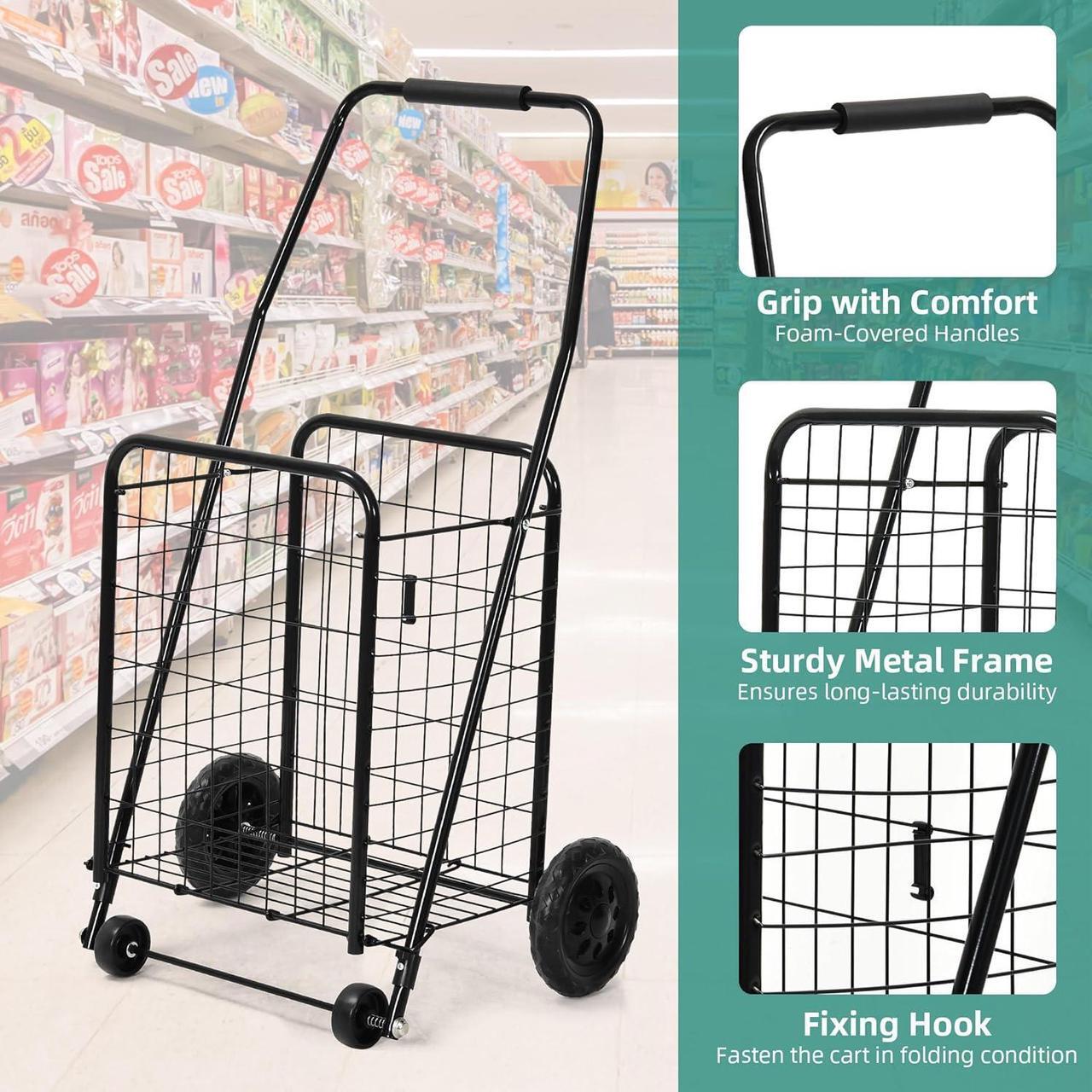 Alt view image 6 of 7 - Folding Shopping Cart with Wheels, Rolling Foldable Grocery Cart for Seniors, Portable Collapsible Utility Cart for Shopping Groceries Laundry Storage Organizer