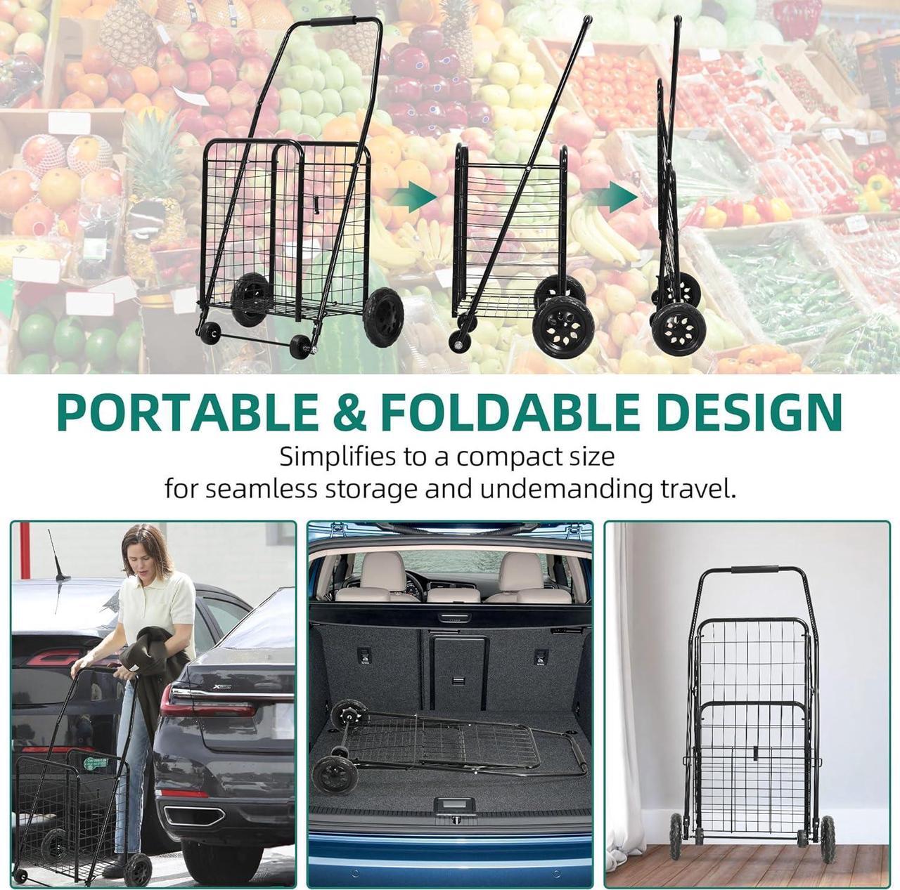 Alt view image 5 of 7 - Folding Shopping Cart with Wheels, Rolling Foldable Grocery Cart for Seniors, Portable Collapsible Utility Cart for Shopping Groceries Laundry Storage Organizer