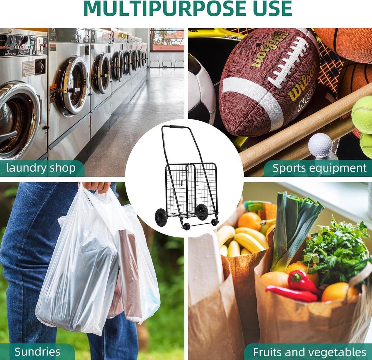 Alt view image 7 of 7 - Folding Shopping Cart with Wheels, Rolling Foldable Grocery Cart for Seniors, Portable Collapsible Utility Cart for Shopping Groceries Laundry Storage Organizer