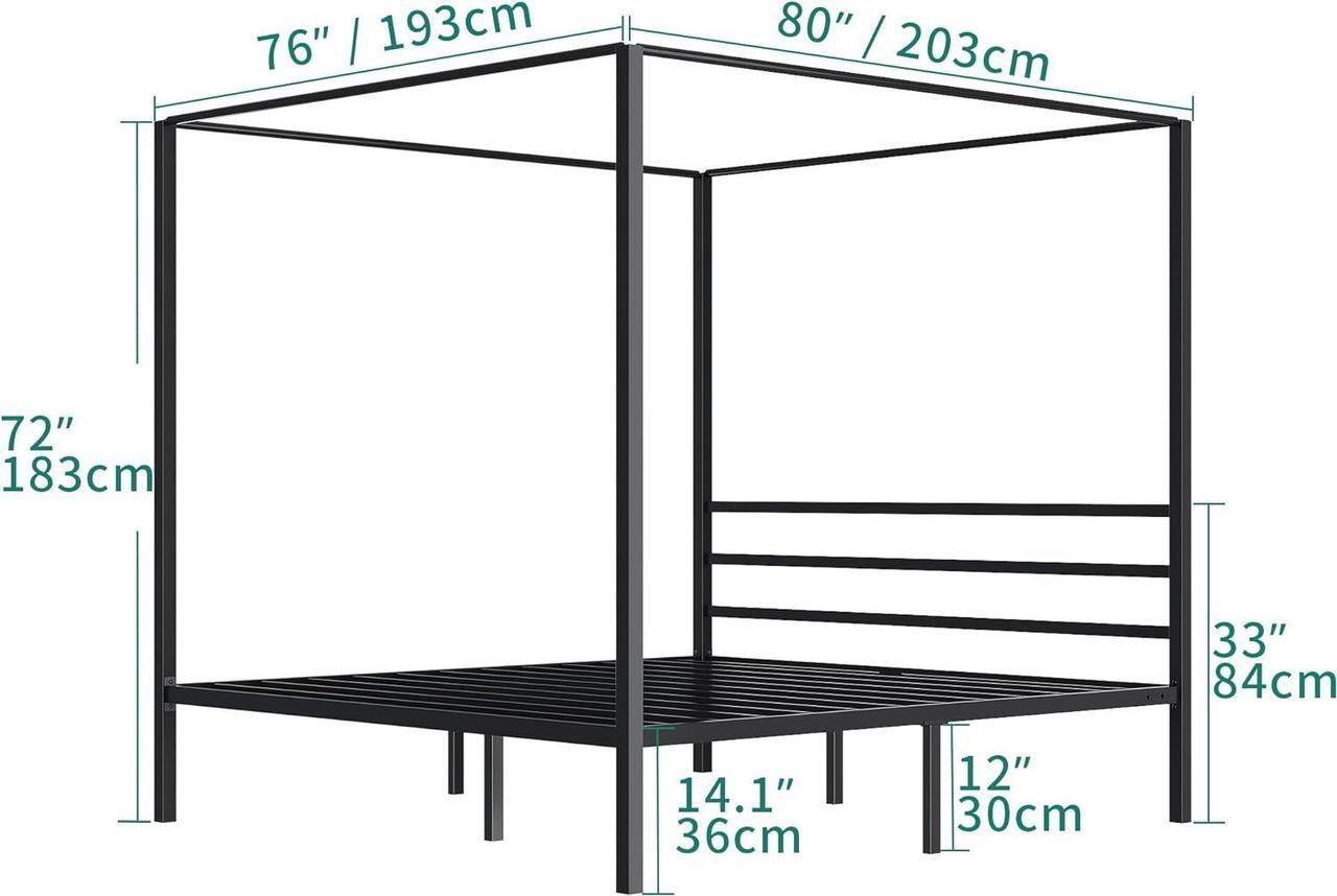 Alt view image 2 of 7 - Metal Four Poster Canopy Bed Frame 14 Inch Platform with Built-in Headboard Strong Metal Slat Mattress Support, No Box Spring Needed, Black, King Size