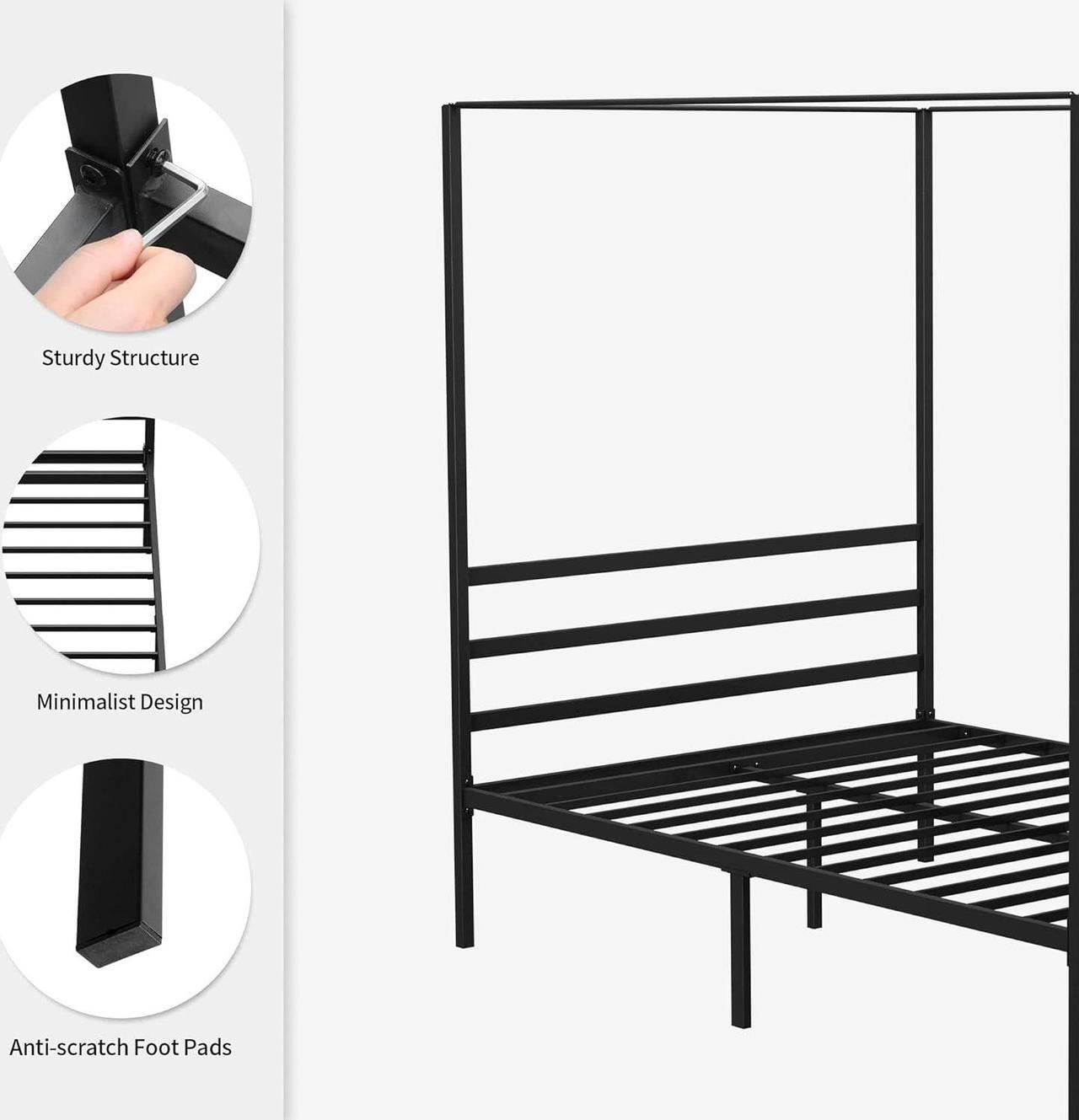 Alt view image 4 of 7 - Metal Four Poster Canopy Bed Frame 14 Inch Platform with Built-in Headboard Strong Metal Slat Mattress Support, No Box Spring Needed, Black, King Size