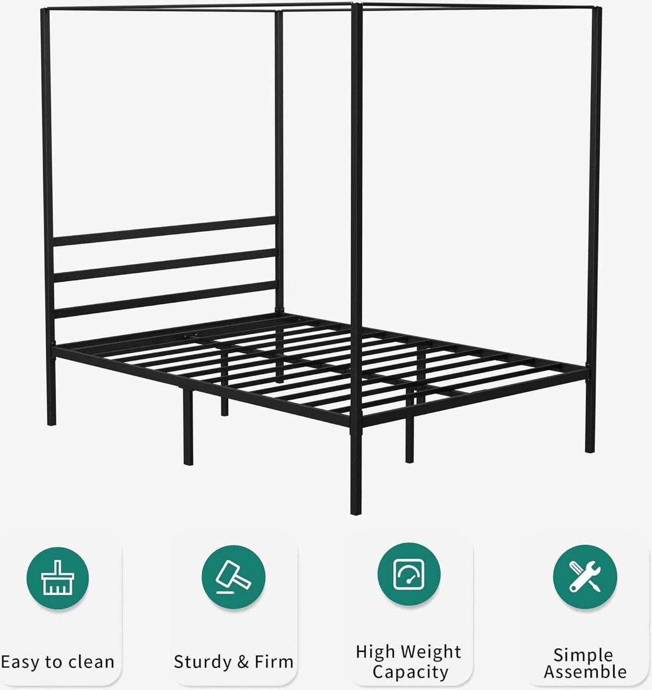 Alt view image 3 of 7 - Metal Four Poster Canopy Bed Frame 14 Inch Platform with Built-in Headboard Strong Metal Slat Mattress Support, No Box Spring Needed, Black, King Size