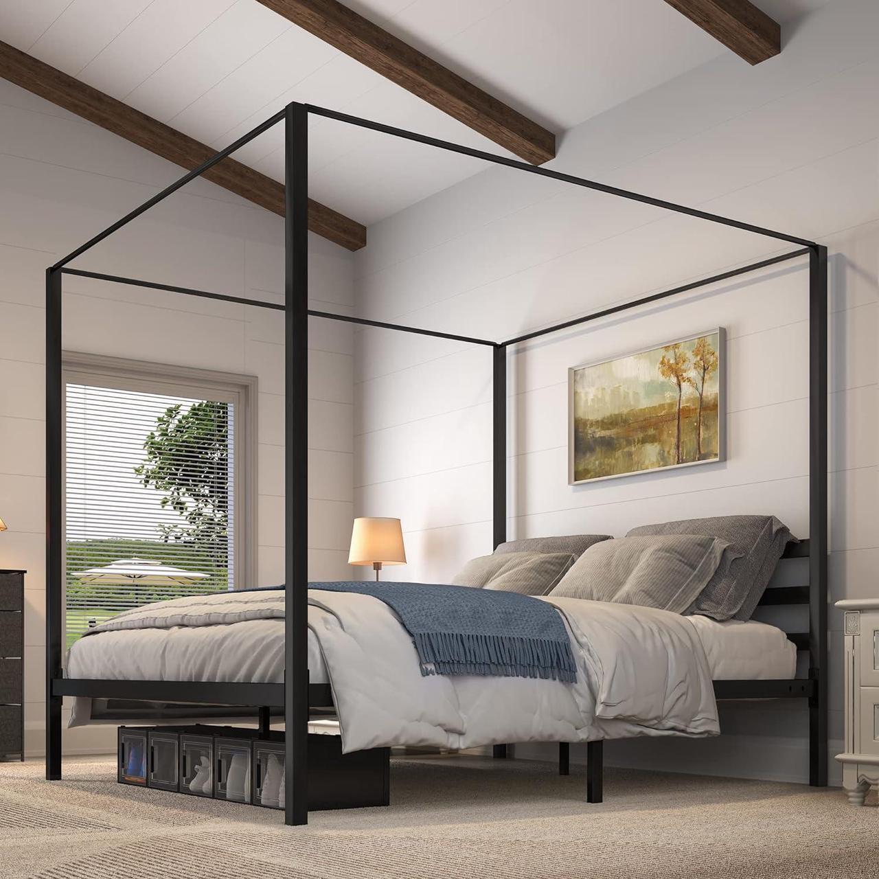 Main image of Metal Four Poster Canopy Bed Frame 14 Inch Platform with Built-in Headboard Strong Metal Slat Mattress Support, No Box Spring Needed, Black, King Size