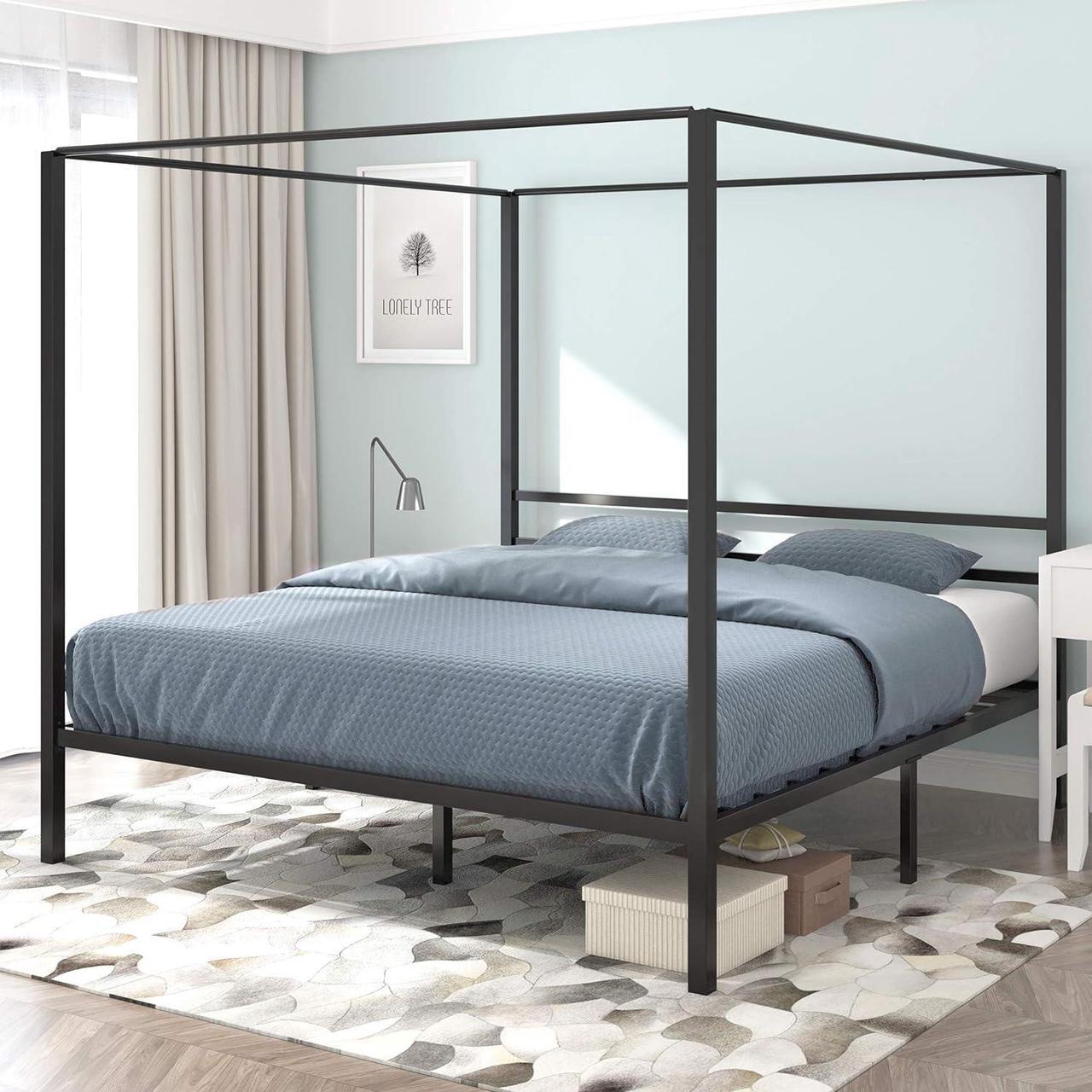 Alt view image 6 of 7 - Metal Four Poster Canopy Bed Frame 14 Inch Platform with Built-in Headboard Strong Metal Slat Mattress Support, No Box Spring Needed, Black, King Size