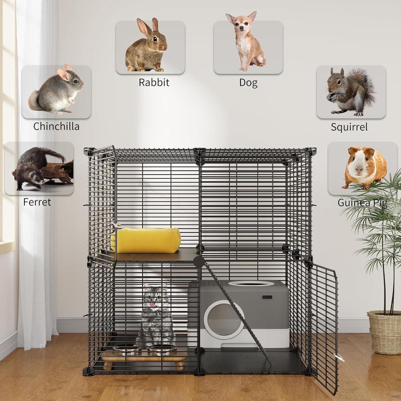 Alt view image 6 of 7 - Cat Cage 2 Tier Indoor Cat Enclosures Kitten Cage DIY Pet Playpen Metal Kennel for 1-2 Cats, Ferret, Chinchilla, Rabbit, Small Animals, Kitty, Squirrel, RV Travel, Camping