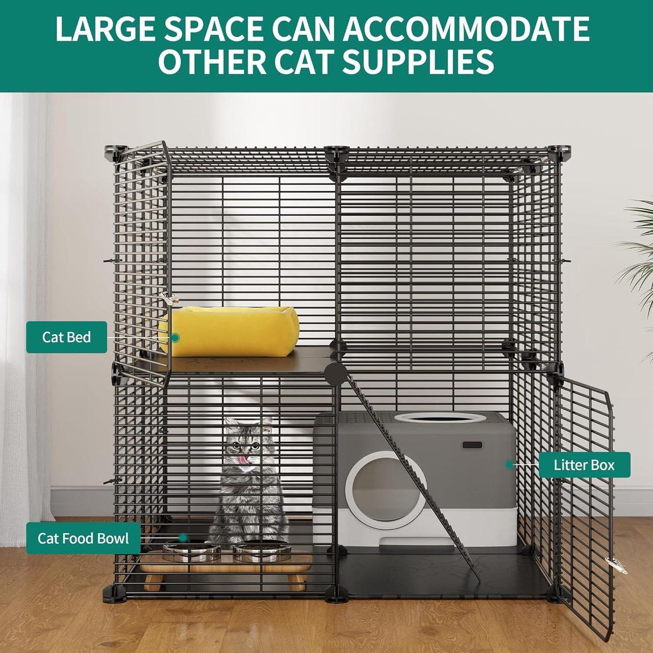Alt view image 2 of 7 - Cat Cage 2 Tier Indoor Cat Enclosures Kitten Cage DIY Pet Playpen Metal Kennel for 1-2 Cats, Ferret, Chinchilla, Rabbit, Small Animals, Kitty, Squirrel, RV Travel, Camping