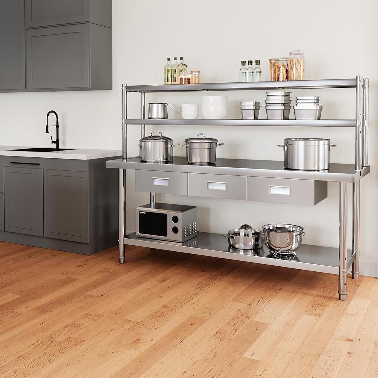 Alt view image 2 of 7 - Stainless Steel Table with Overshelves & Drawers, 72" X 24" Work Table with 72" X 12" Shelf & 3 Drawers, Metal Table Prep Table