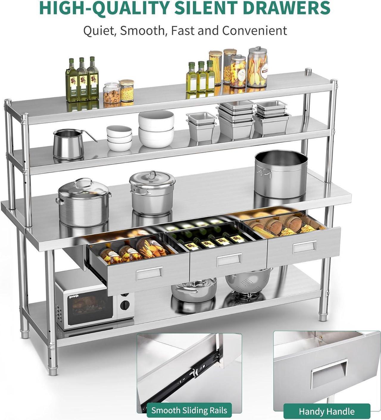 Alt view image 4 of 7 - Stainless Steel Table with Overshelves & Drawers, 72" X 24" Work Table with 72" X 12" Shelf & 3 Drawers, Metal Table Prep Table