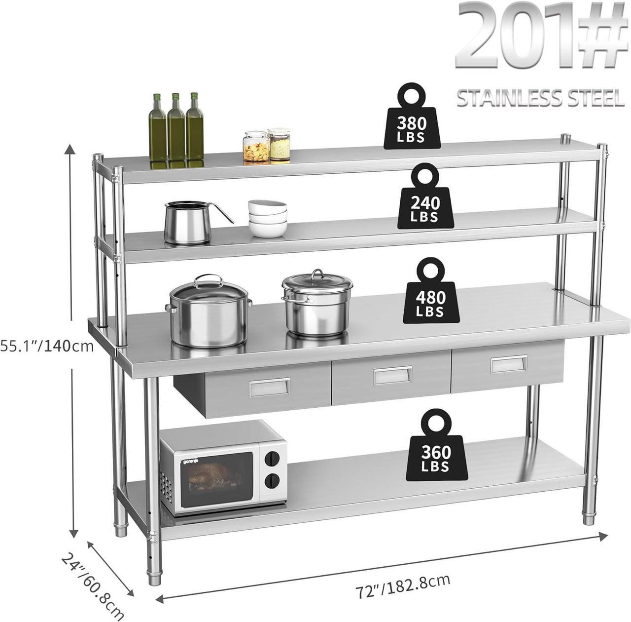 Alt view image 3 of 7 - Stainless Steel Table with Overshelves & Drawers, 72" X 24" Work Table with 72" X 12" Shelf & 3 Drawers, Metal Table Prep Table