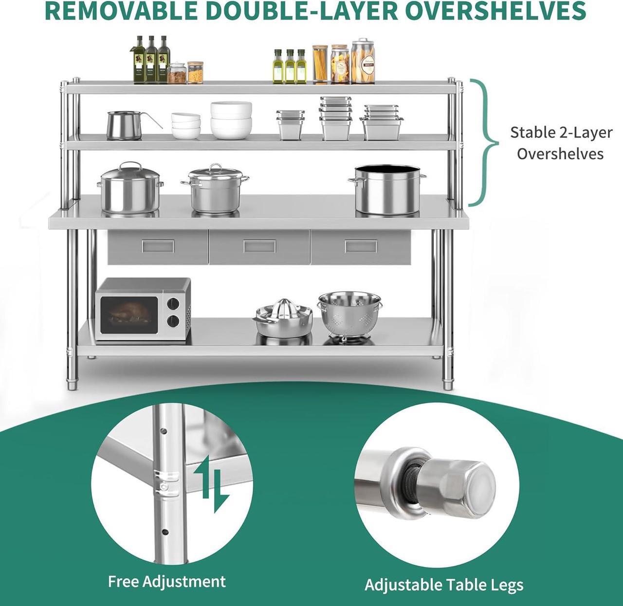 Alt view image 5 of 7 - Stainless Steel Table with Overshelves & Drawers, 72" X 24" Work Table with 72" X 12" Shelf & 3 Drawers, Metal Table Prep Table
