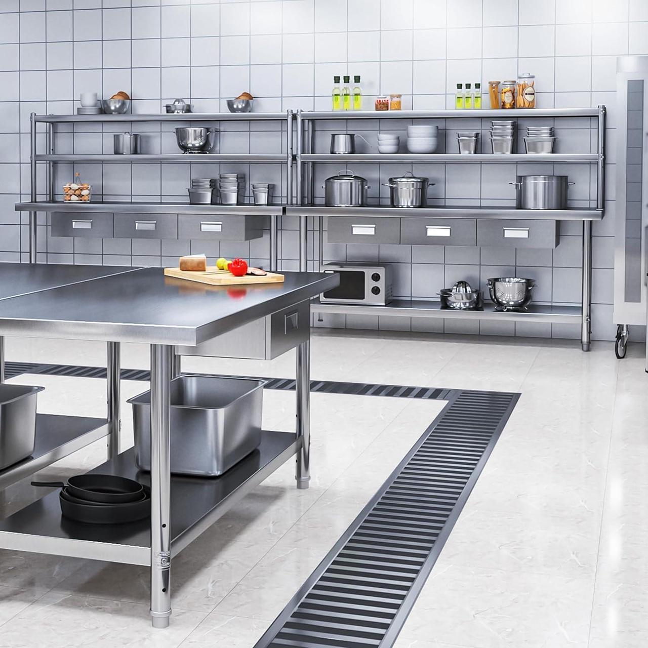 Alt view image 7 of 7 - Stainless Steel Table with Overshelves & Drawers, 72" X 24" Work Table with 72" X 12" Shelf & 3 Drawers, Metal Table Prep Table