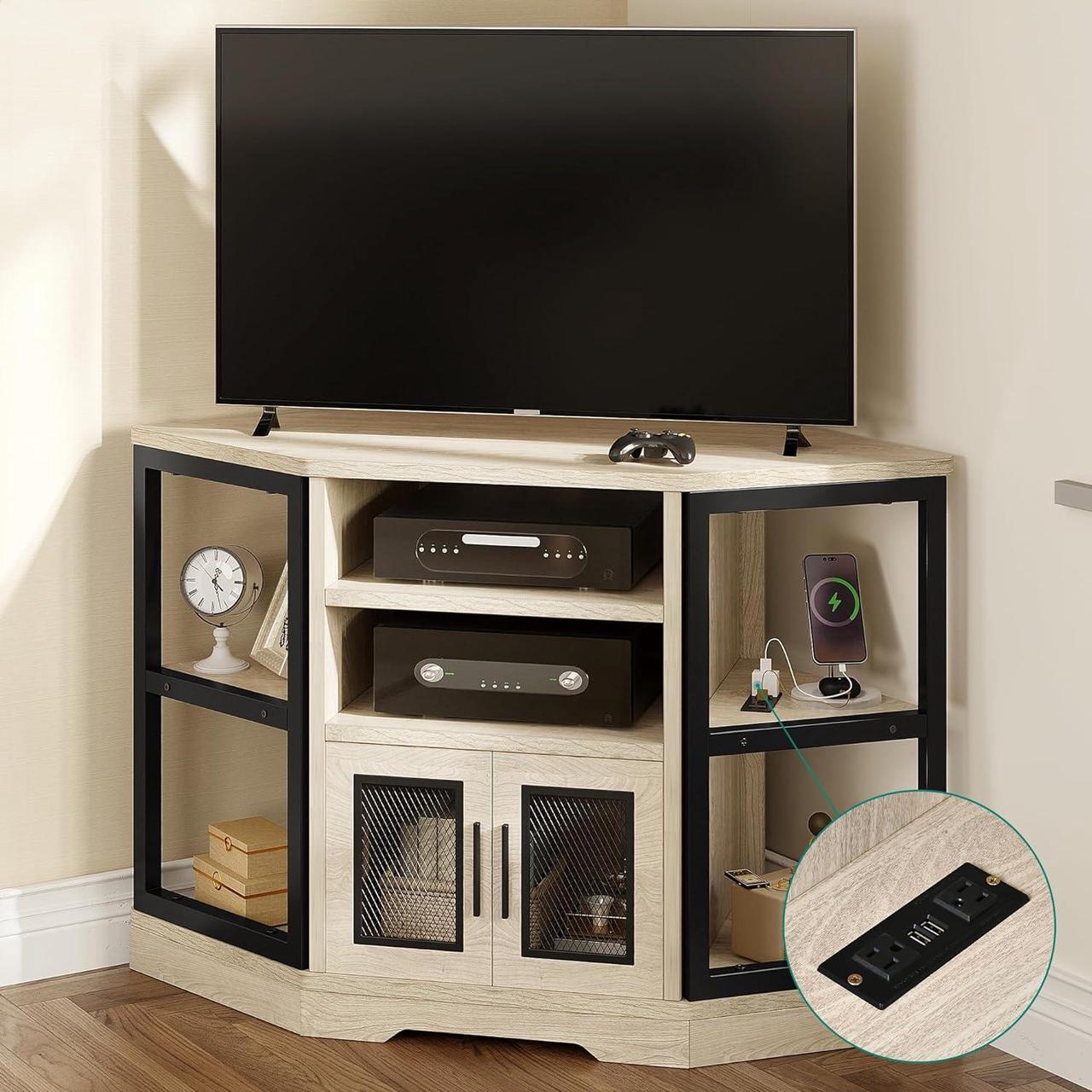 Alt view image 2 of 7 - Corner TV Stand for TVs up to 55/50 Inch with Power Outlet, Modern Farmhouse Entertainment Center, Wood TV Media Console with Storage Cabinets Shelves for Living Room, White Oak