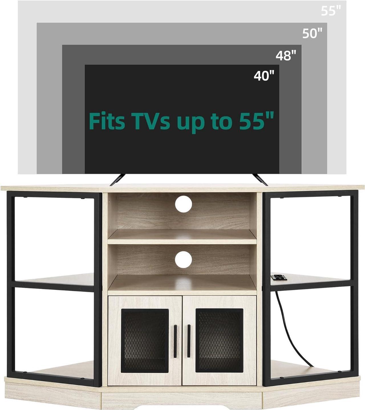 Alt view image 7 of 7 - Corner TV Stand for TVs up to 55/50 Inch with Power Outlet, Modern Farmhouse Entertainment Center, Wood TV Media Console with Storage Cabinets Shelves for Living Room, White Oak