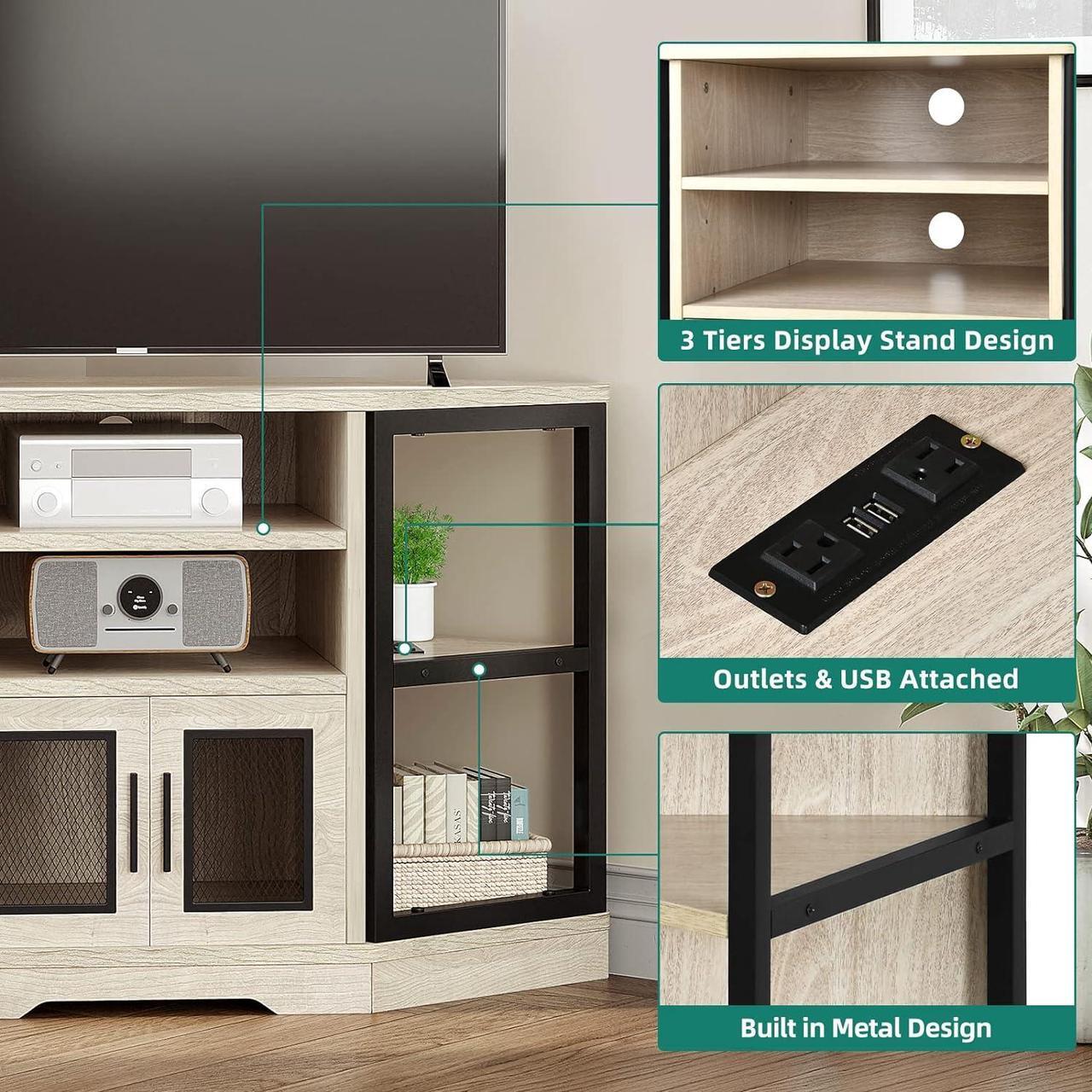 Alt view image 5 of 7 - Corner TV Stand for TVs up to 55/50 Inch with Power Outlet, Modern Farmhouse Entertainment Center, Wood TV Media Console with Storage Cabinets Shelves for Living Room, White Oak