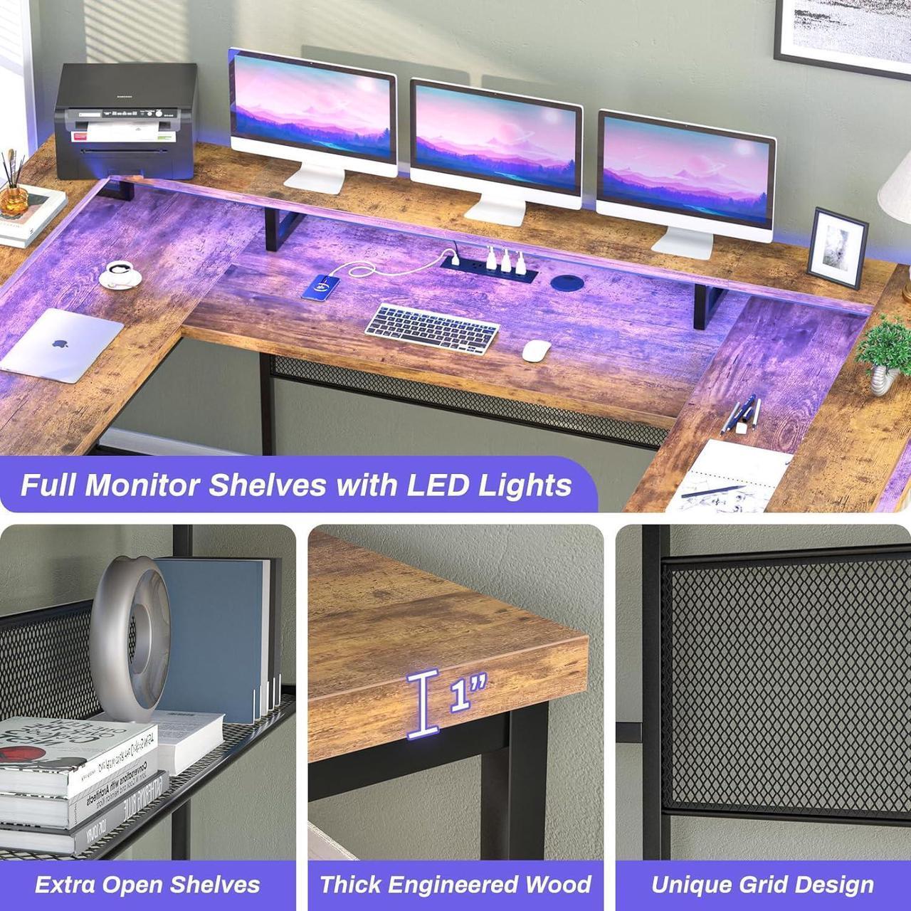 Alt view image 6 of 7 - U Shaped Computer Desk with Monitor Stand and LED Lights, Reversible L Shaped Office Desk with Power Outlet and Storage Shelf, 130 Inch Large Corner Table, U- Shaped Gaming Desk, Rustic Brown