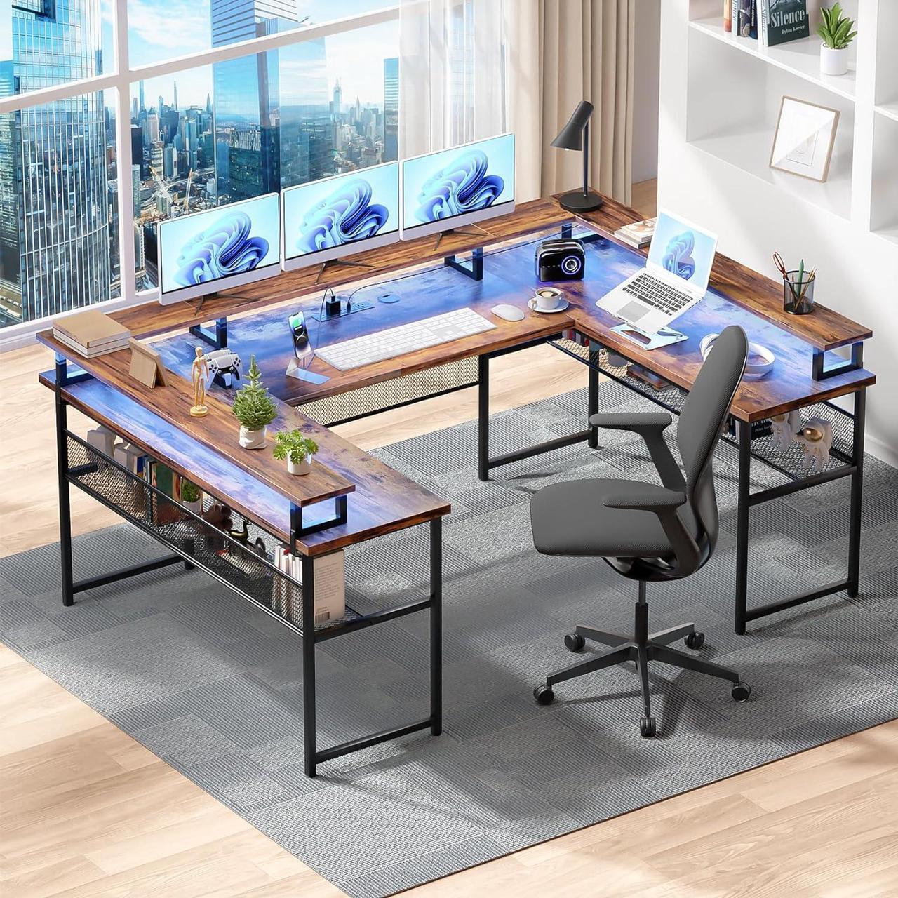 Alt view image 2 of 7 - U Shaped Computer Desk with Monitor Stand and LED Lights, Reversible L Shaped Office Desk with Power Outlet and Storage Shelf, 130 Inch Large Corner Table, U- Shaped Gaming Desk, Rustic Brown