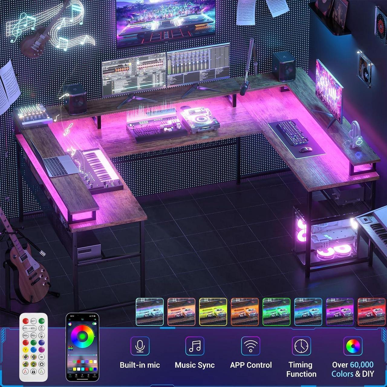 Alt view image 3 of 7 - U Shaped Computer Desk with Monitor Stand and LED Lights, Reversible L Shaped Office Desk with Power Outlet and Storage Shelf, 130 Inch Large Corner Table, U- Shaped Gaming Desk, Rustic Brown