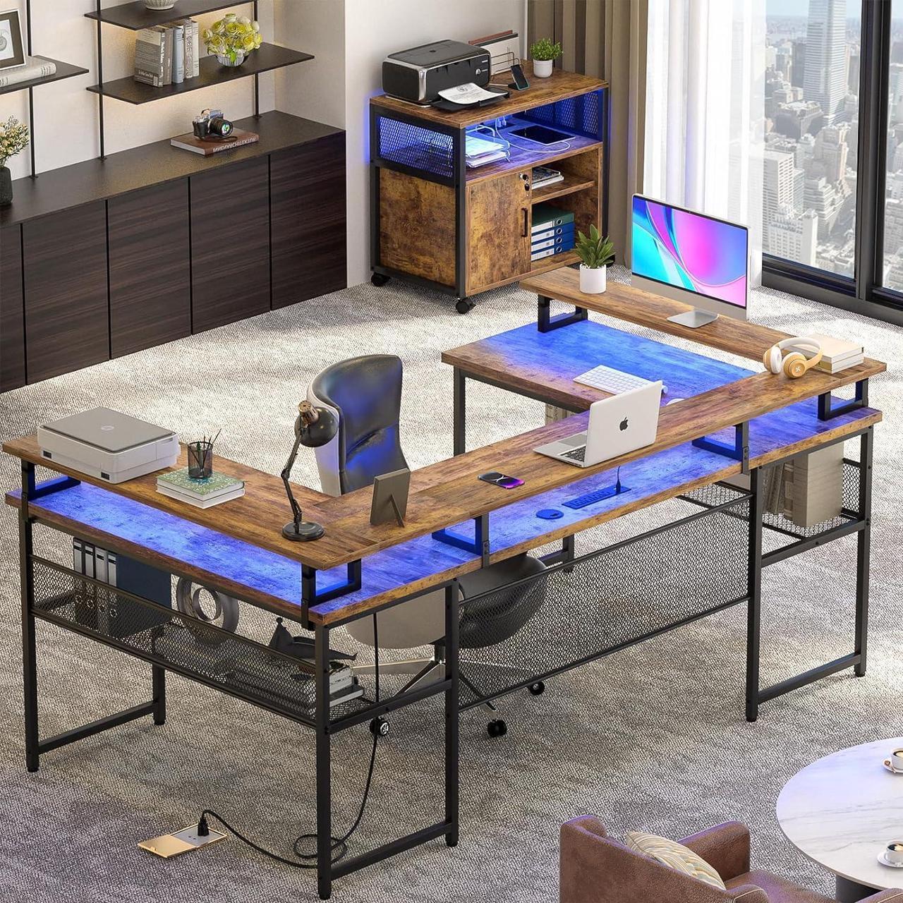 Main image of U Shaped Computer Desk with Monitor Stand and LED Lights, Reversible L Shaped Office Desk with Power Outlet and Storage Shelf, 130 Inch Large Corner Table, U- Shaped Gaming Desk, Rustic Brown