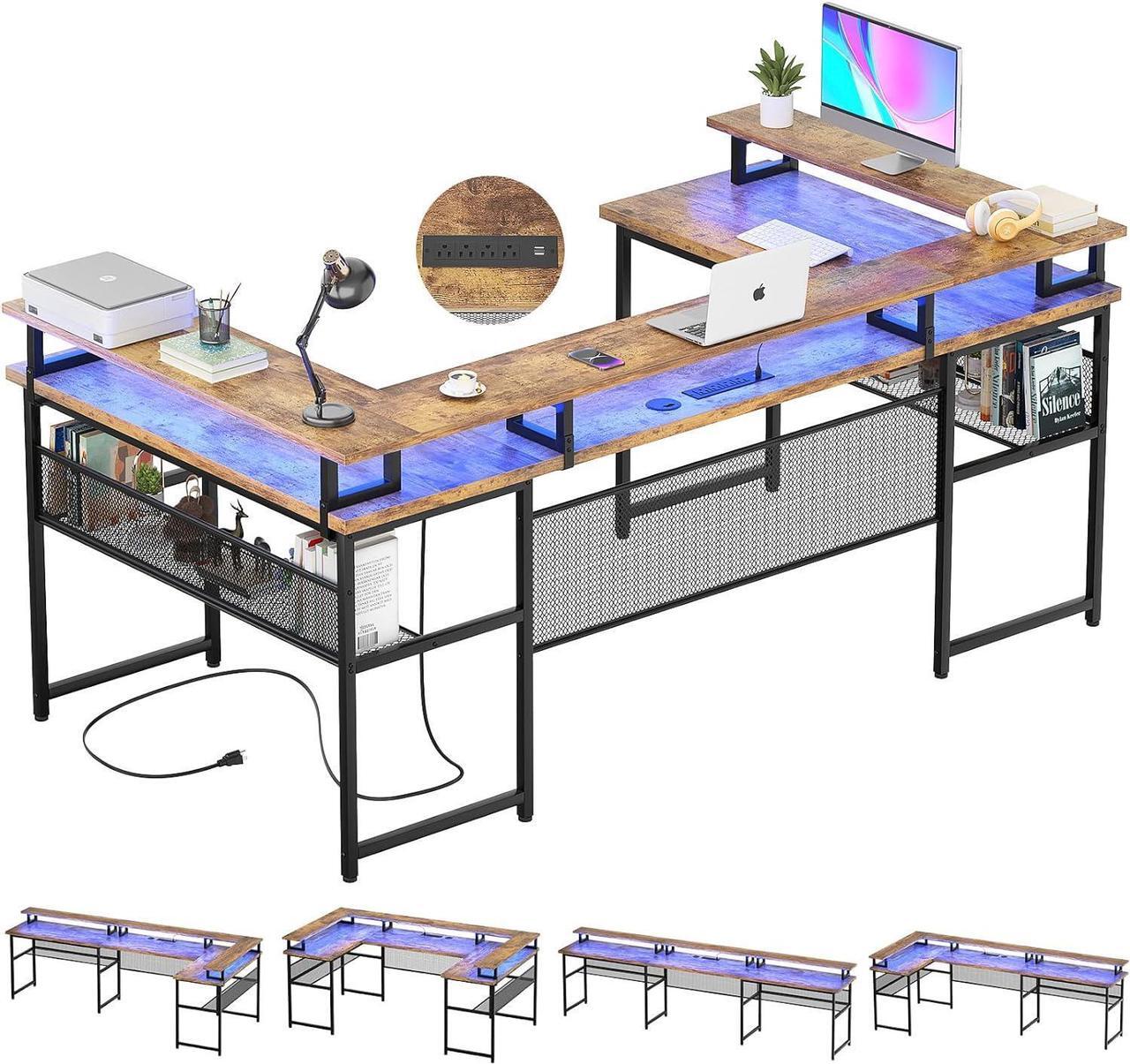 Alt view image 5 of 7 - U Shaped Computer Desk with Monitor Stand and LED Lights, Reversible L Shaped Office Desk with Power Outlet and Storage Shelf, 130 Inch Large Corner Table, U- Shaped Gaming Desk, Rustic Brown