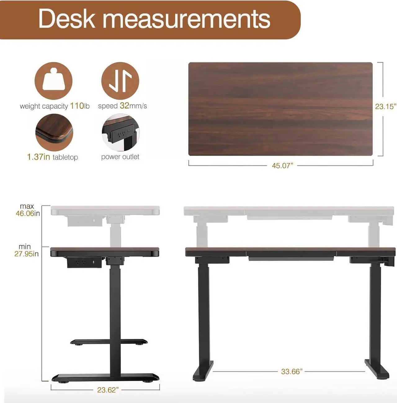 Alt view image 6 of 7 - Wood Standing Desk with Drawer 45" Dual Motor Electric Height Adjustable Desk Whole-Piece Easy Assembly Sit Stand Desk with Touchscreen Controller&Wireless Charging &USB Port& Power Strip